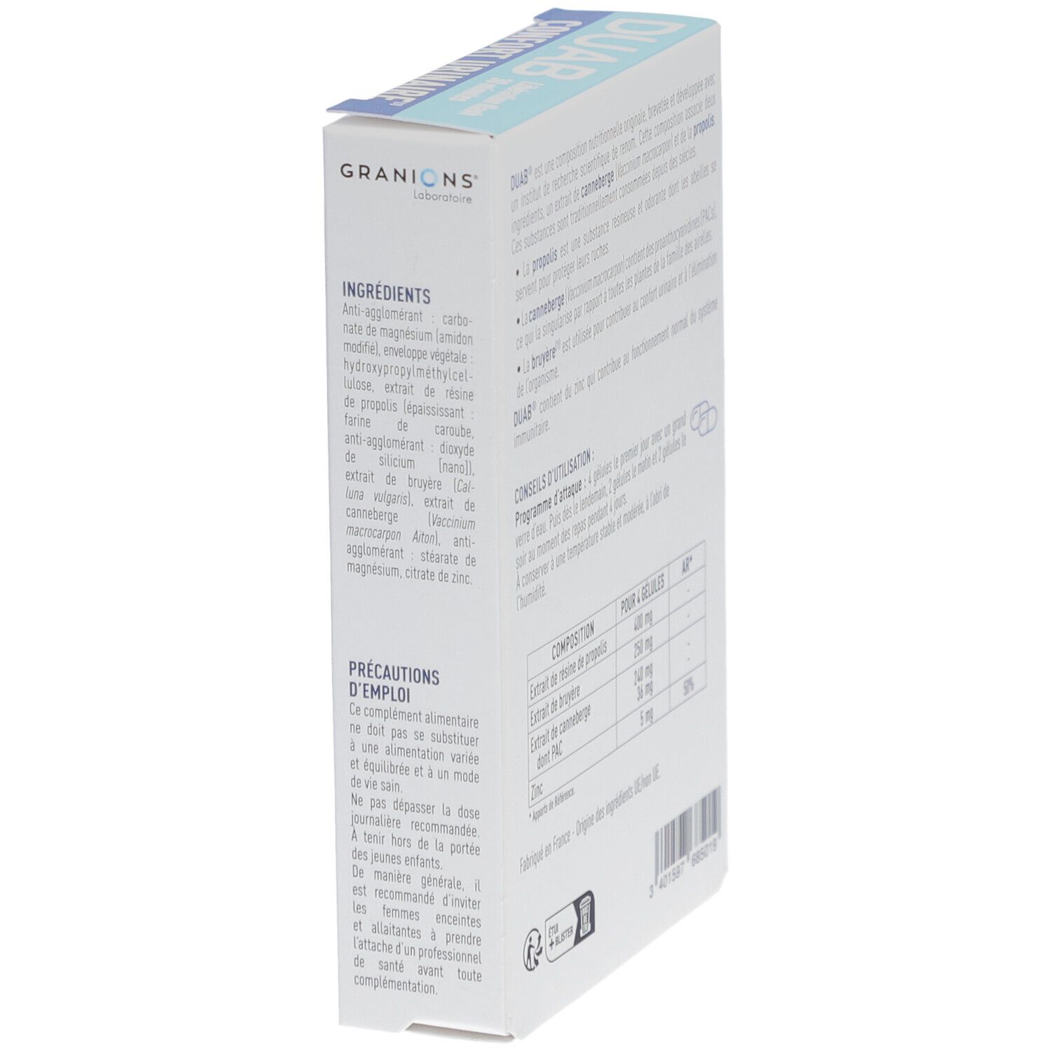 Côté de la boîte DUAB avec ingrédients et précautions. Contient canneberge, propolis, bruyère et zinc.