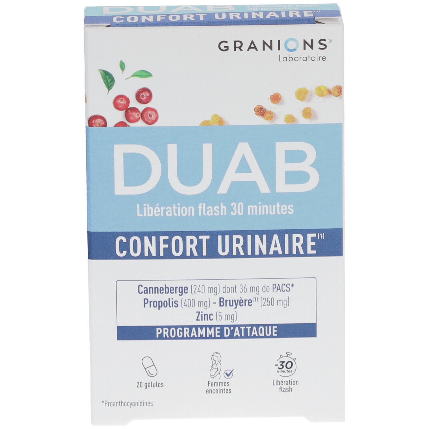 Boîte DUAB, Confort Urinaire. Contient canneberge, propolis, bruyère et zinc. 20 gélules. Pour femmes enceintes.