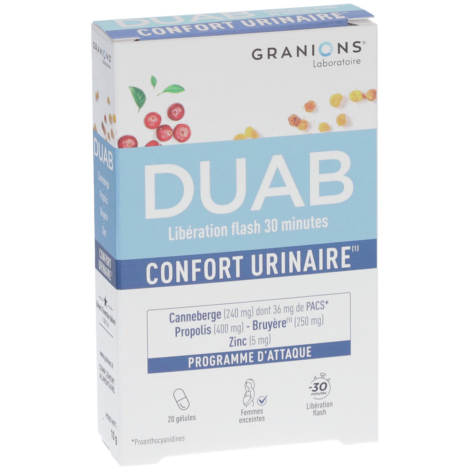 Boîte DUAB, Confort Urinaire. Contient canneberge, propolis, bruyère et zinc. 20 gélules. Pour femmes enceintes.