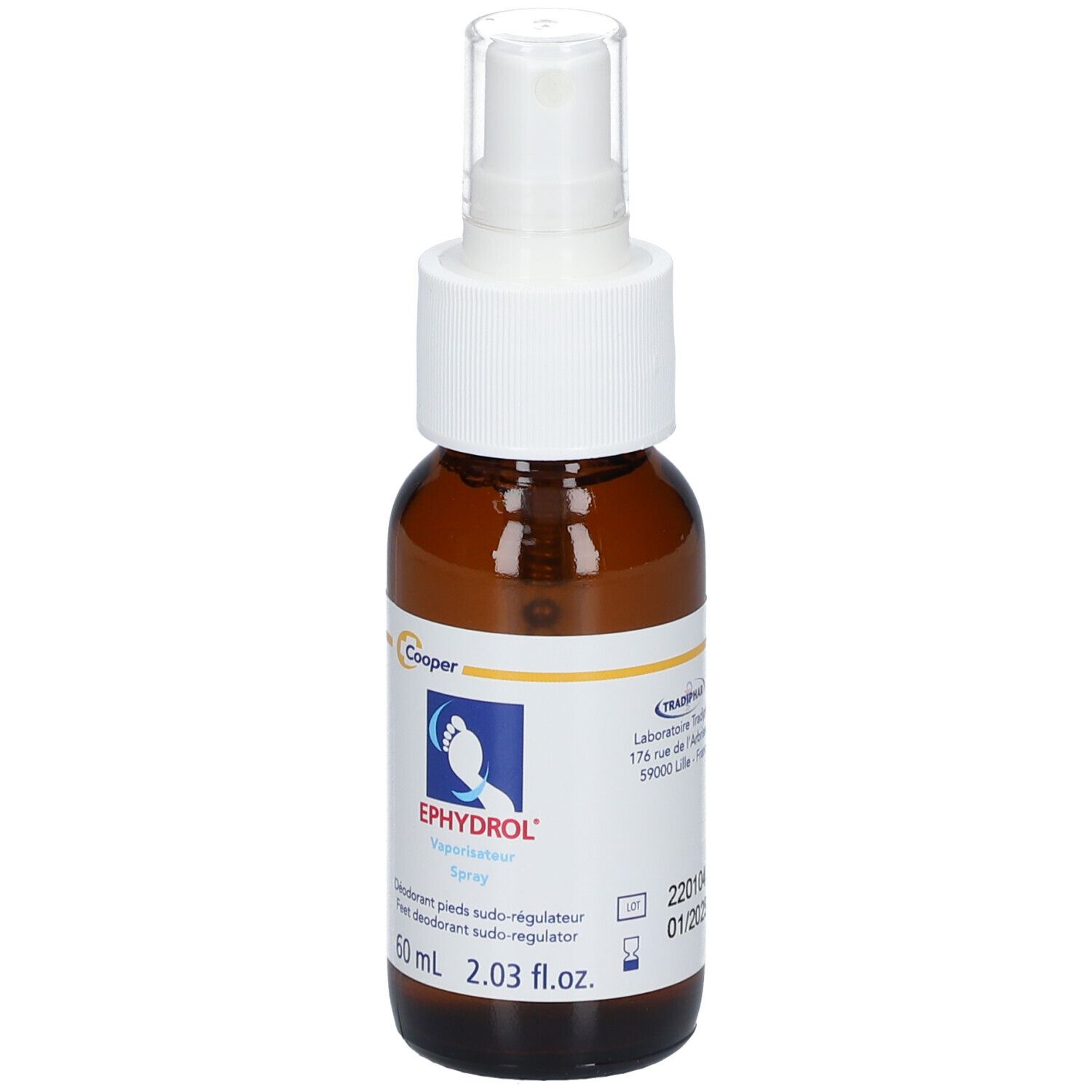 Bruine sprayfles met witte sproeikop. Opschrift: EPHYDROL Spray, Deodorant pieds sudo-régulateur. 60 ml.