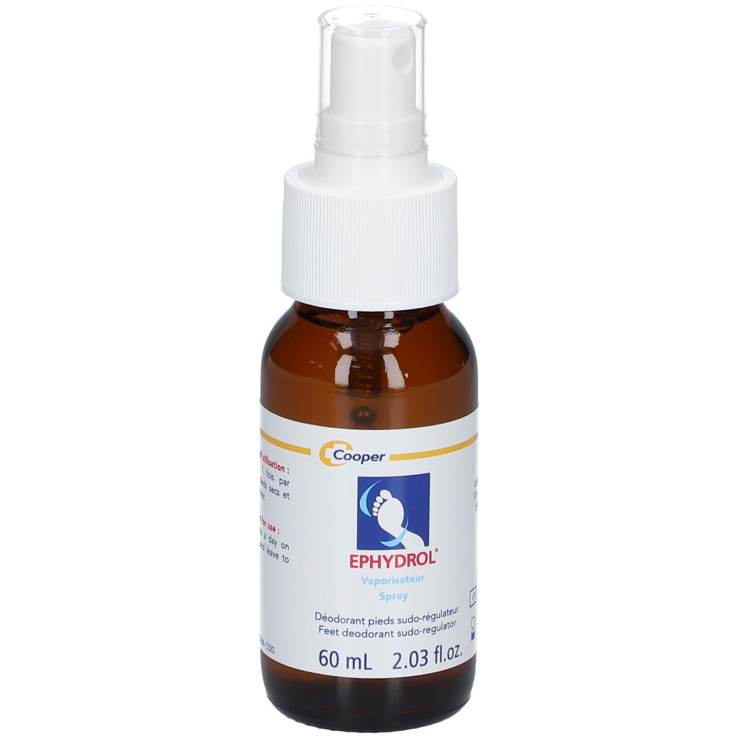 Bruine sprayfles met witte sproeikop. Opschrift: EPHYDROL Spray, Deodorant pieds sudo-régulateur. 60 ml.