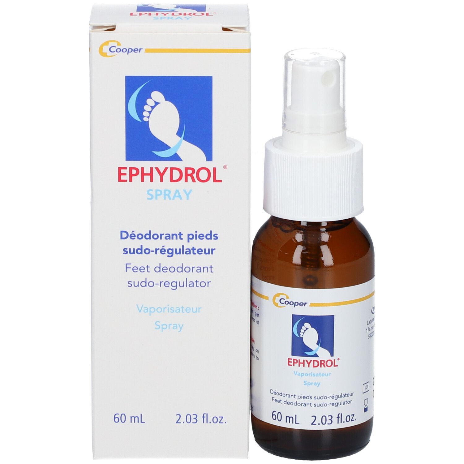 Productverpakking en sprayfles. Opschrift: EPHYDROL Spray, Deodorant pieds sudo-régulateur. 60 ml.