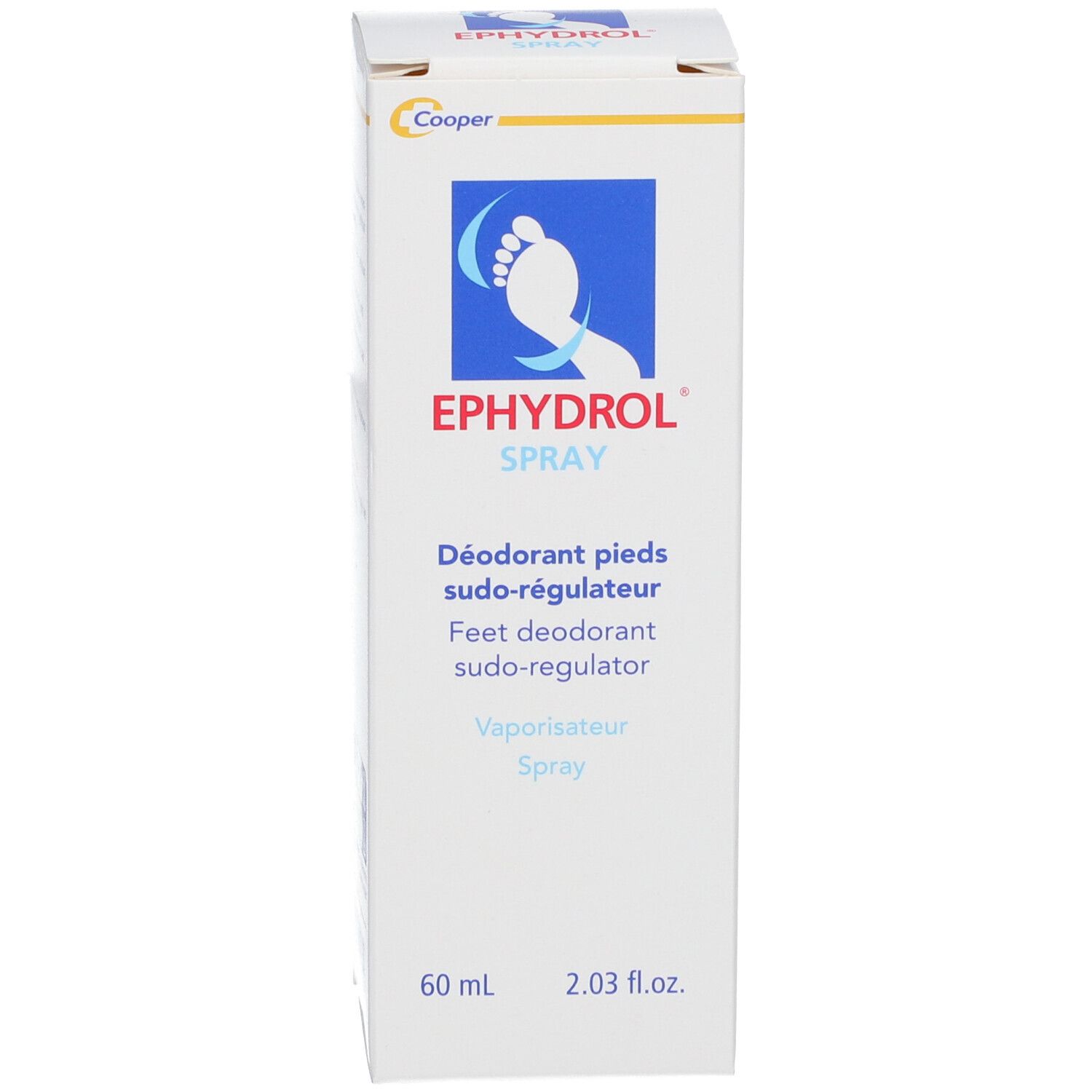 Productverpakking. Opschrift: EPHYDROL Spray, Deodorant pieds sudo-régulateur. 60 ml.