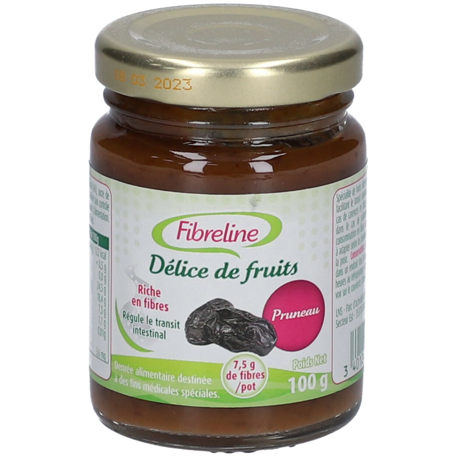 Pot Fibreline fruitpuree met pruimen. Etiket met productnaam, pruimenillustratie en voedingswaarde. Metalen deksel.