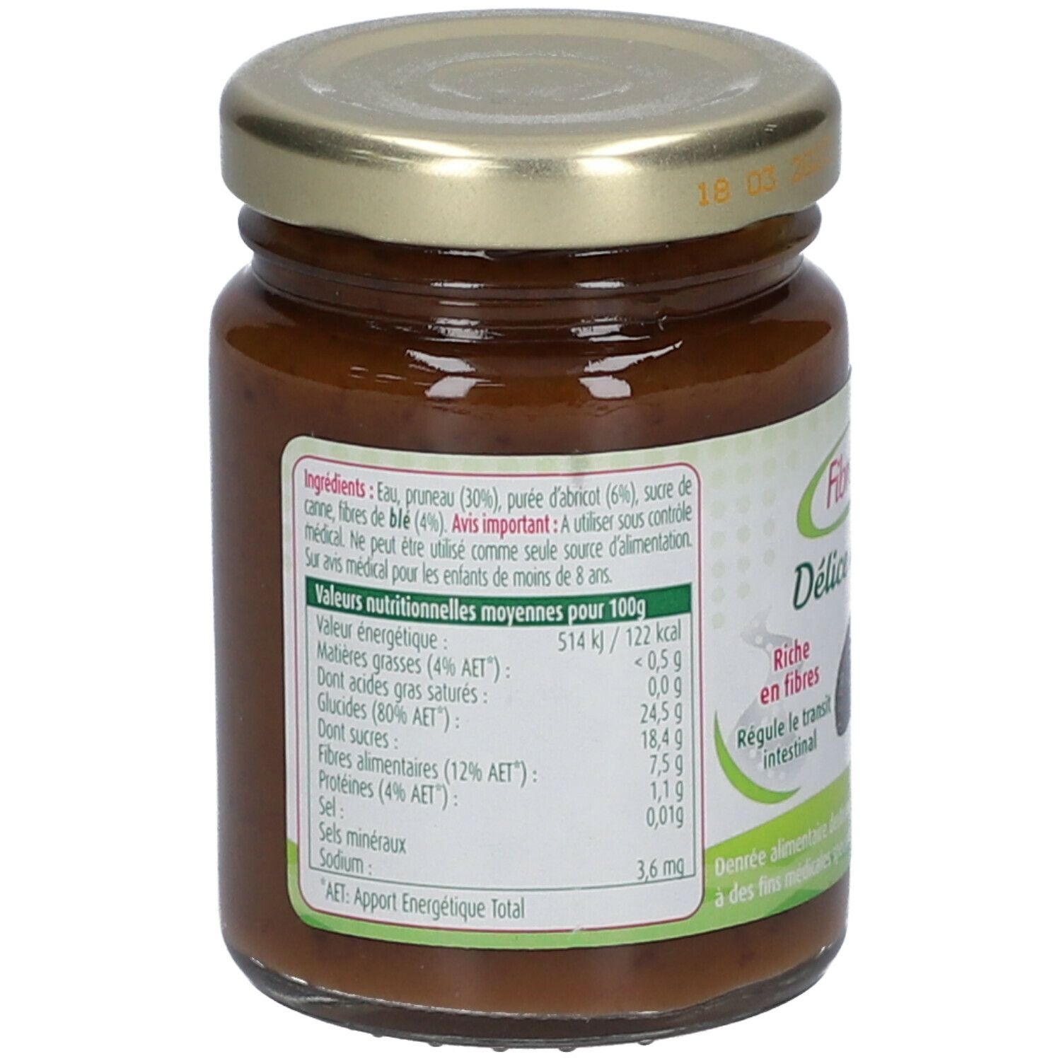 Achterkant van de pot Fibreline fruitpuree met pruimen. Etiket met ingrediëntenlijst en voedingswaarde. Pot met metalen sluiting.