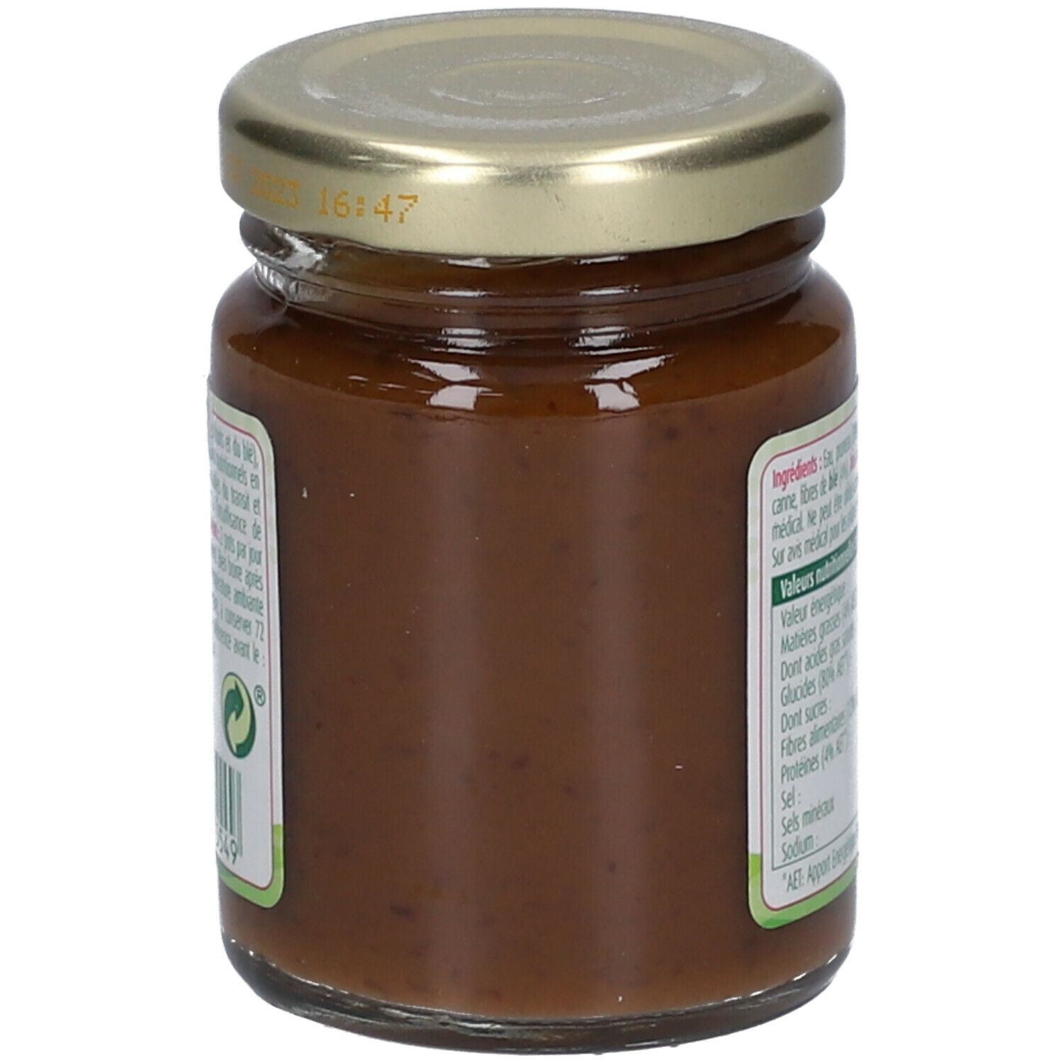 Pot Fibreline fruitpuree met pruimen, zijaanzicht. Etiket met tekst en voedingswaarde. Pot met metalen sluiting.