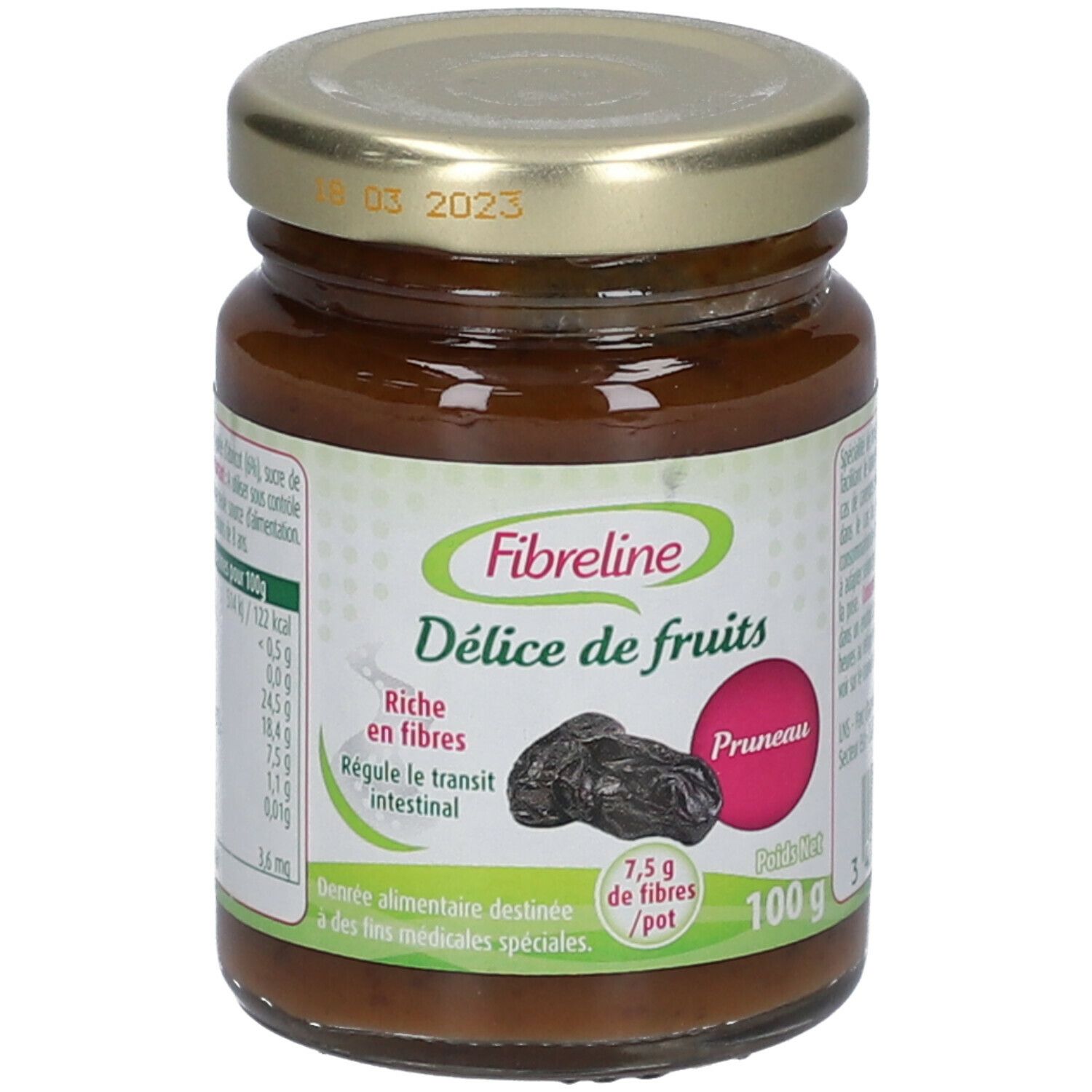 Pot Fibreline fruitpuree met pruimen. Etiket met productnaam, pruimenillustratie en voedingswaarde. Metalen deksel.