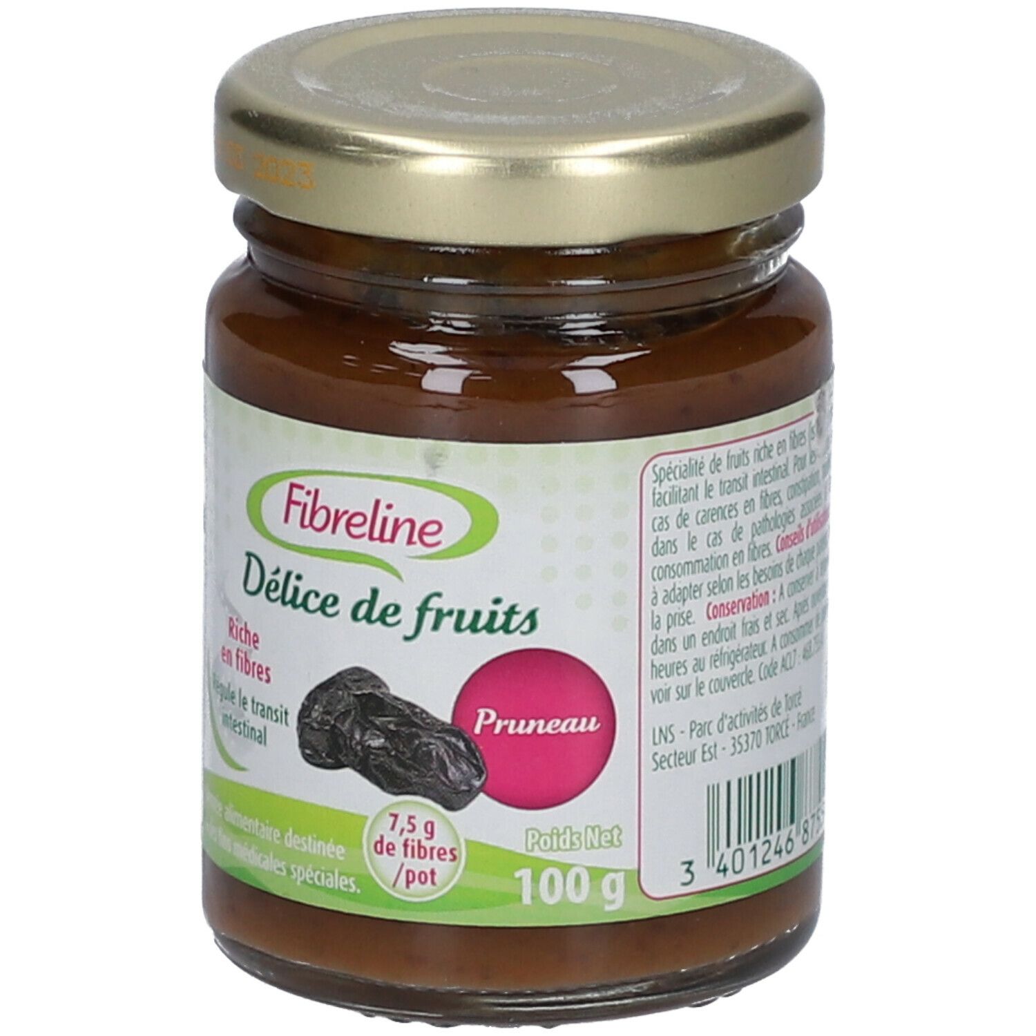 Pot Fibreline fruitpuree met pruimen. Etiket met productnaam, pruimenillustratie en voedingswaarde. Metalen deksel.