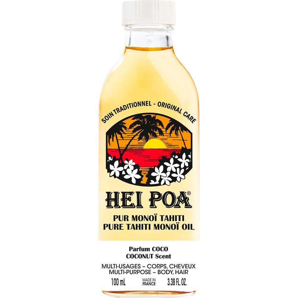 Huile Hei Poa Monoi. Bouteille en verre, bouchon blanc. Étiquette avec logo, texte et parfum coco. 100 ml.