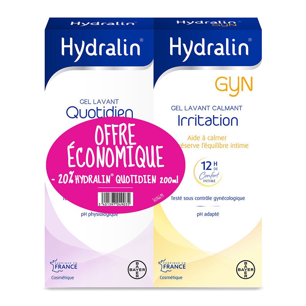 Twee Hydralin-verpakkingen. Links: Gel Lavant Quotidien. Rechts: Gel Lavant Calm Irritation. Roze sticker: Offre Economique.
