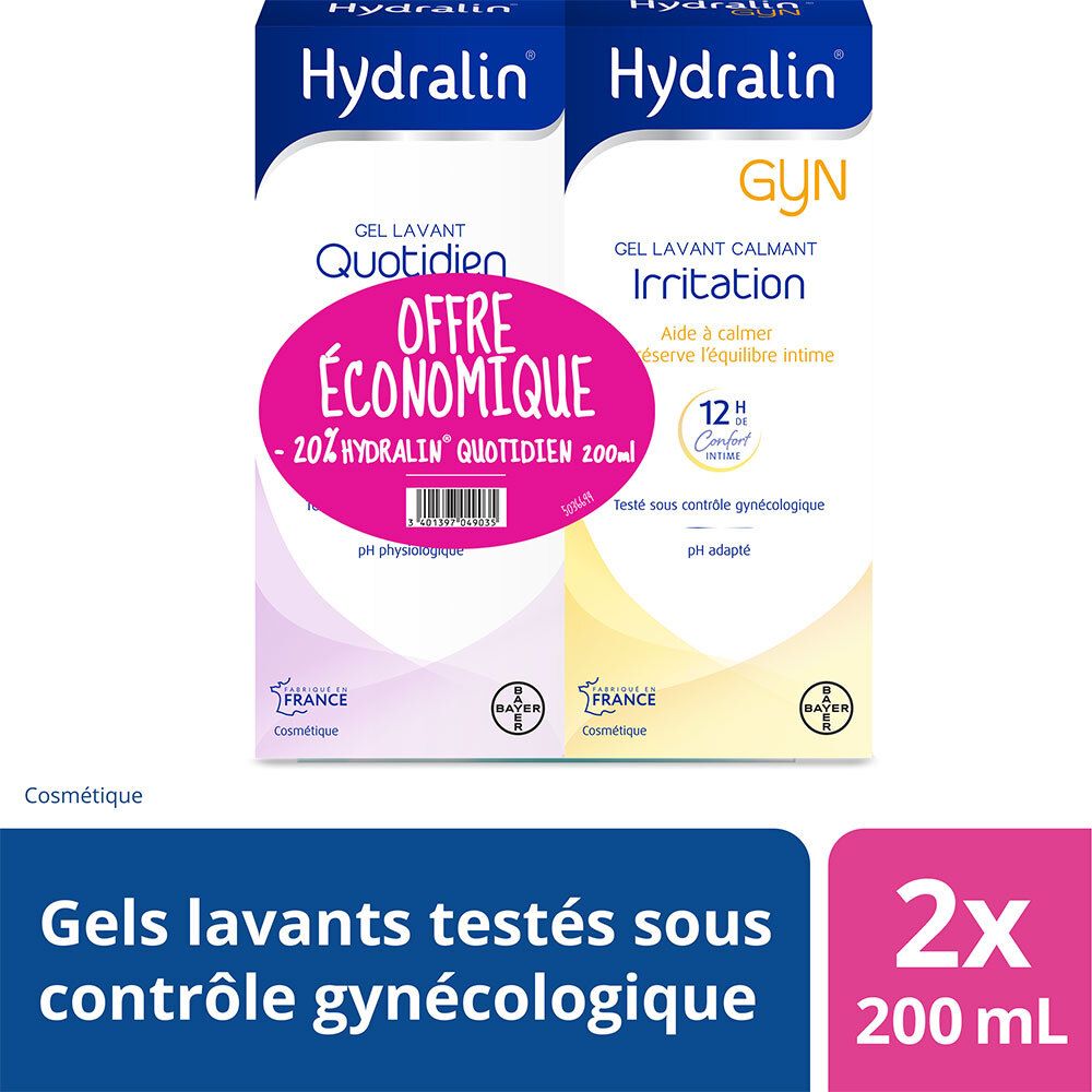 Twee Hydralin-verpakkingen. Tekst: Gels lavants testés sous contrôle gynécologique. Sticker: 2x 200 ml.