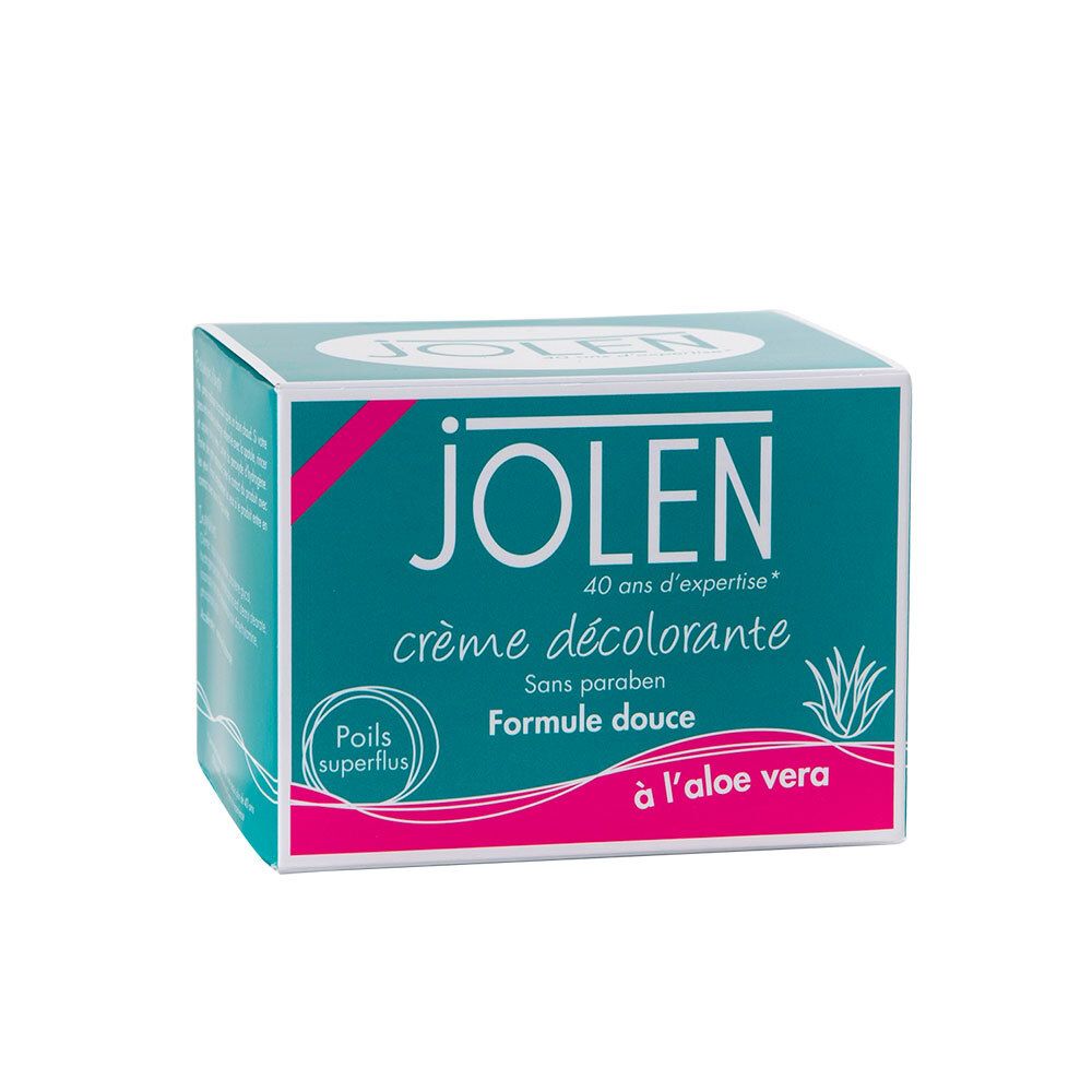 Boîte turquoise avec accents roses. Inscription: JOLEN, Crème décolorante, à l'aloe vera. Contient de l'aloe vera.