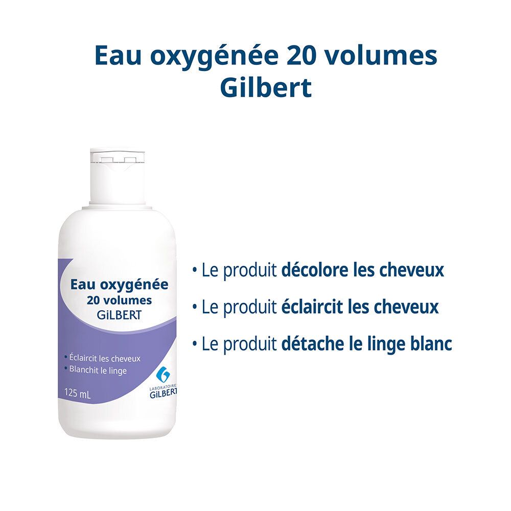 Flacon de produit avec texte: Eau oxygénée 20 volumes GILBERT. Pour cheveux et linge.
