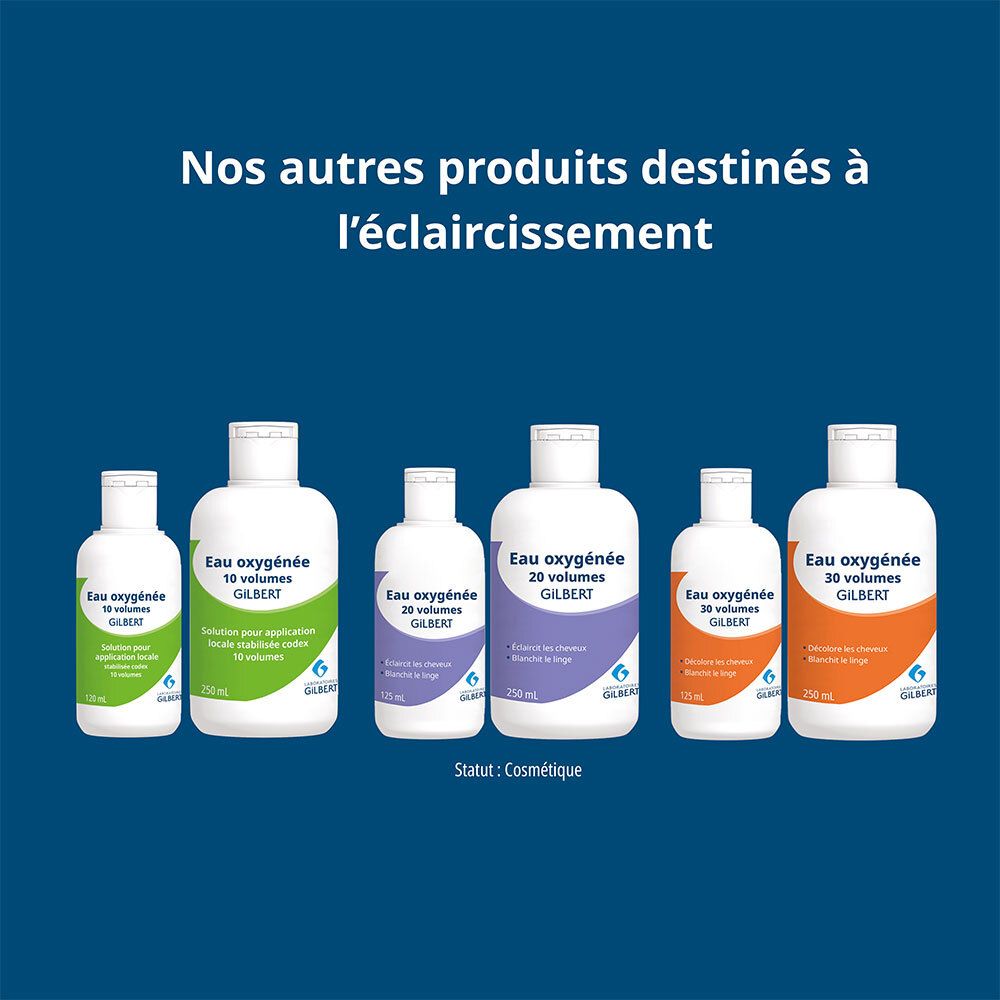 Plusieurs flacons Eau oxygénée GILBERT. Texte: Eau oxygénée 10, 20, 30 volumes.