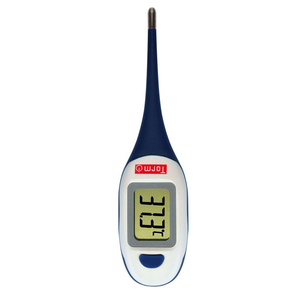 Thermomètre numérique à grand écran. Boîtier bleu et blanc, affichage 37,3°C. Marque Torm.