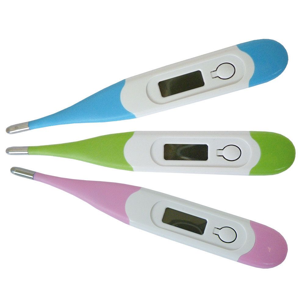 Trois thermomètres flexibles. Bleu, vert et rose. Affichage numérique et bouton. Pointe argentée.