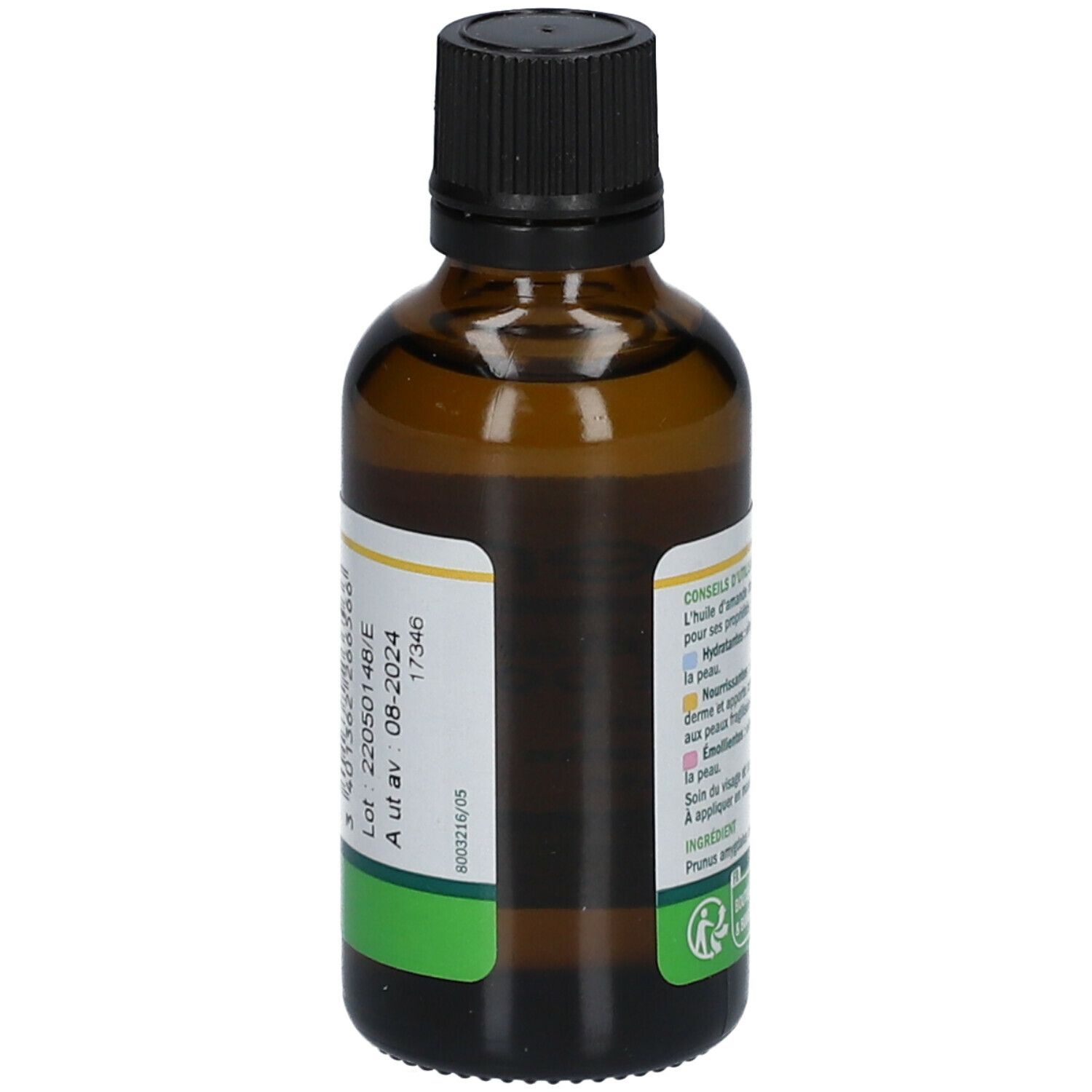 Bruine glazen fles met zwarte dop. Etiket met productinformatie, lotnummer en vervaldatum.