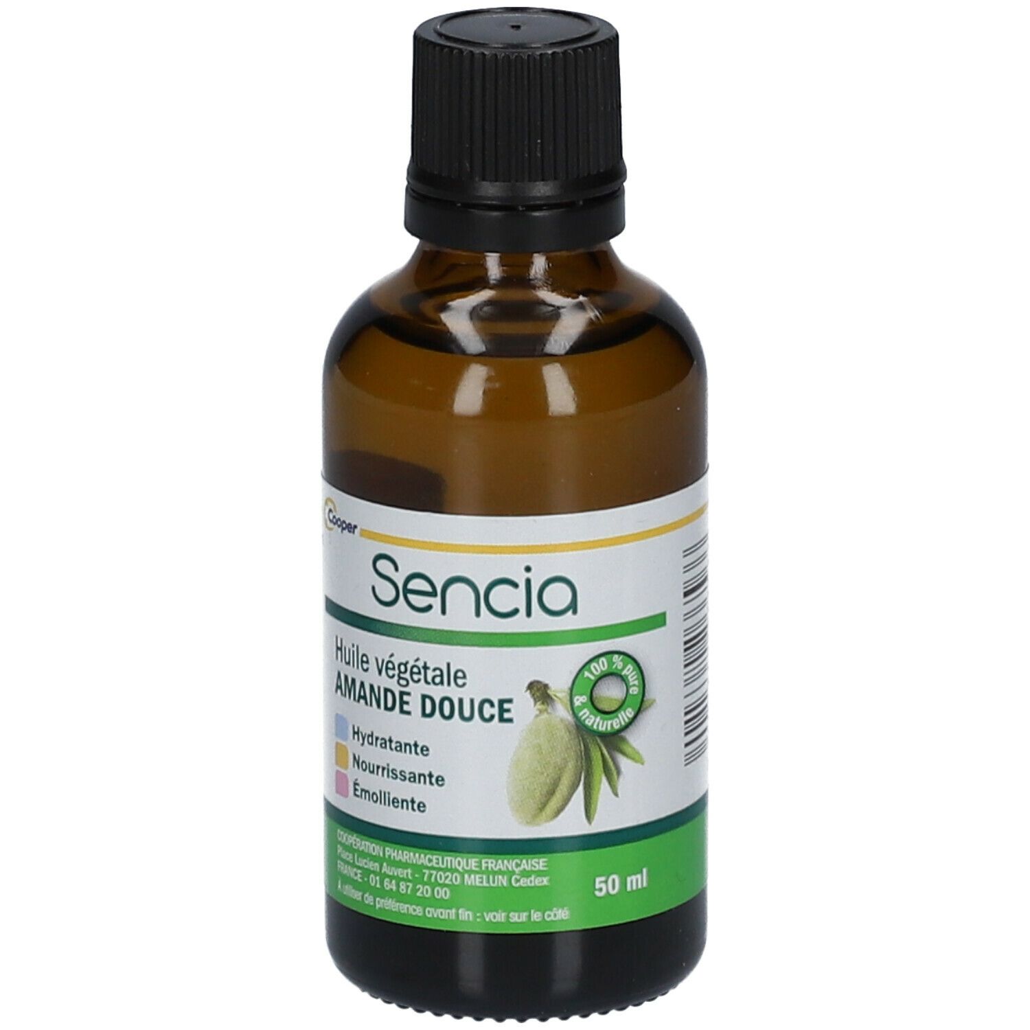 Bruine glazen fles met zwarte dop. Etiket met "Sencia Huile végétale AMANDE DOUCE" en 50 ml.