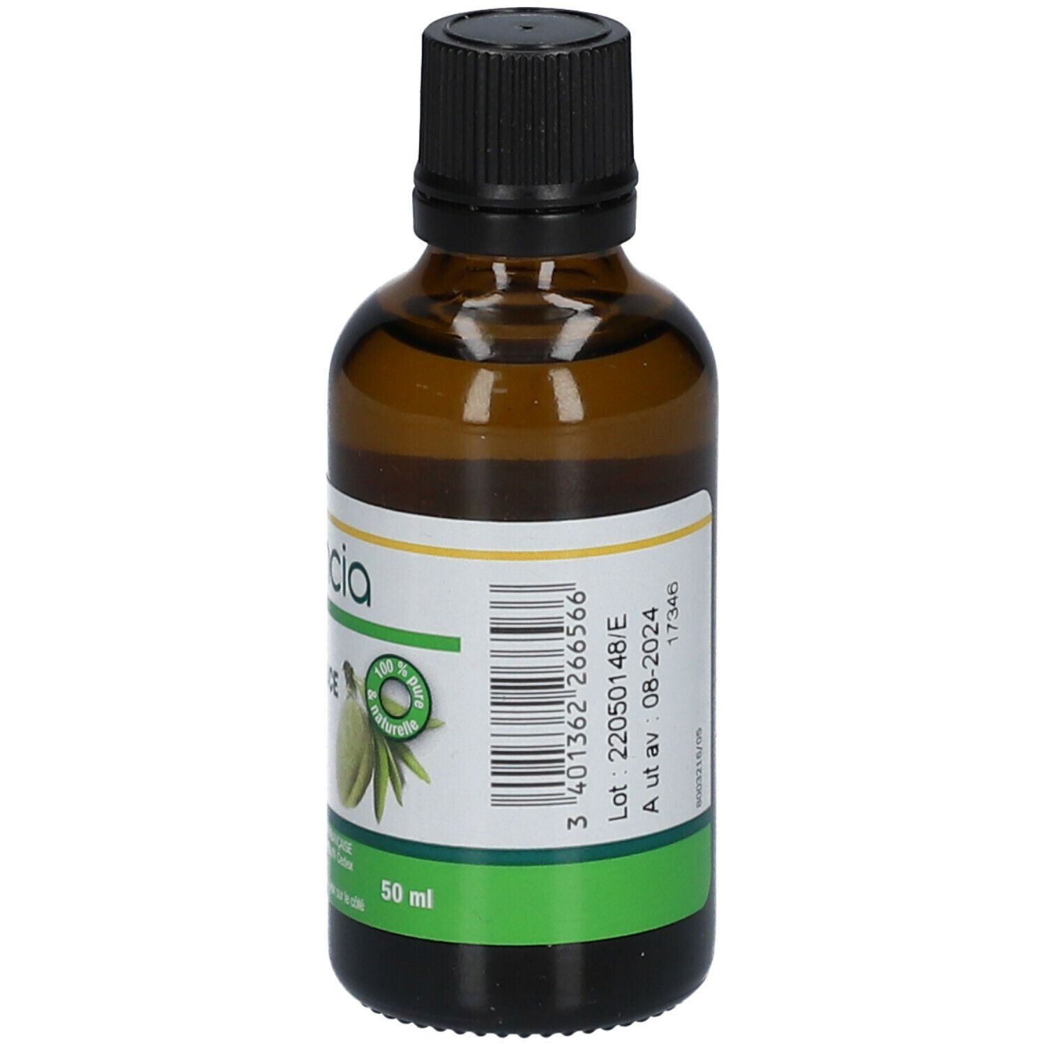 Bruine glazen fles met zwarte dop. Etiket met "Sencia Huile végétale AMANDE DOUCE", lotnummer en 50 ml.