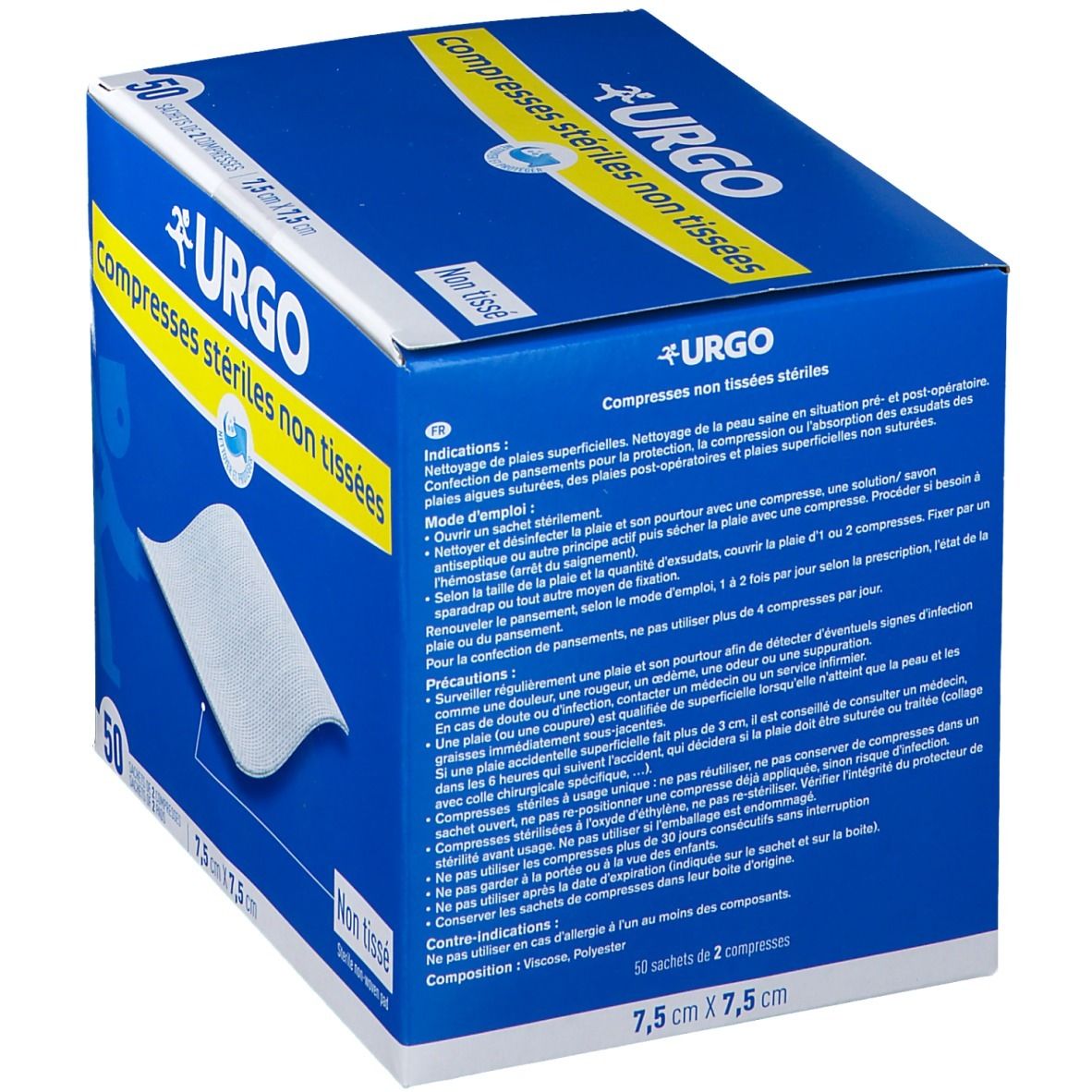 Urgo Compresse, Compresse En Non-tissé, Stérile, 7,5 Cm X 7,5 Cm, 50 Sachets (ref. 1584),
