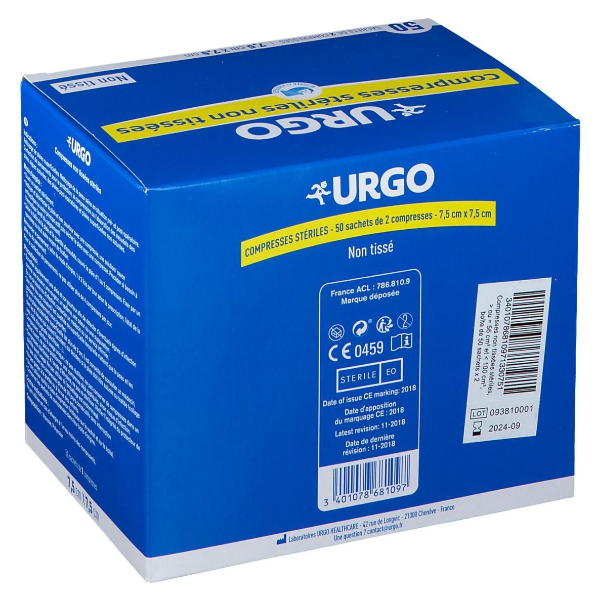 Urgo Compresse, Compresse En Non-tissé, Stérile, 7,5 Cm X 7,5 Cm, 50 Sachets (ref. 1584),