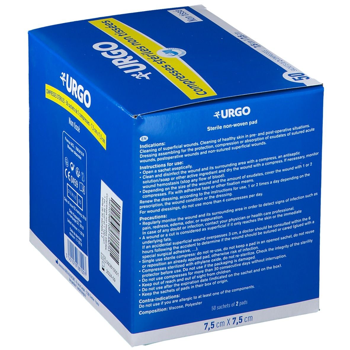 Urgo Compresse, Compresse En Non-tissé, Stérile, 7,5 Cm X 7,5 Cm, 50 Sachets (ref. 1584),