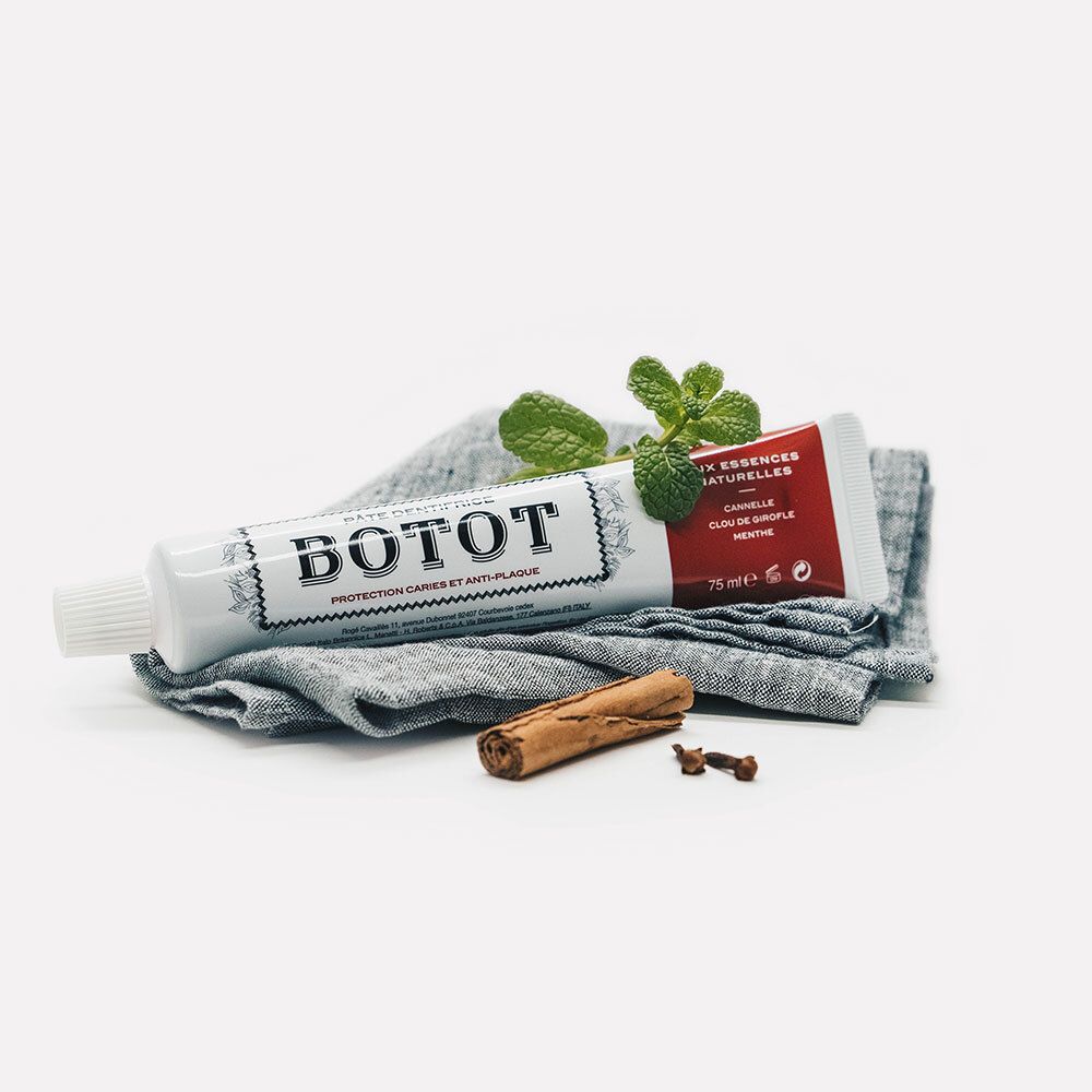 Tube de dentifrice sur tissu gris, bâton de cannelle, clous de girofle et menthe. Inscription BOTOT.