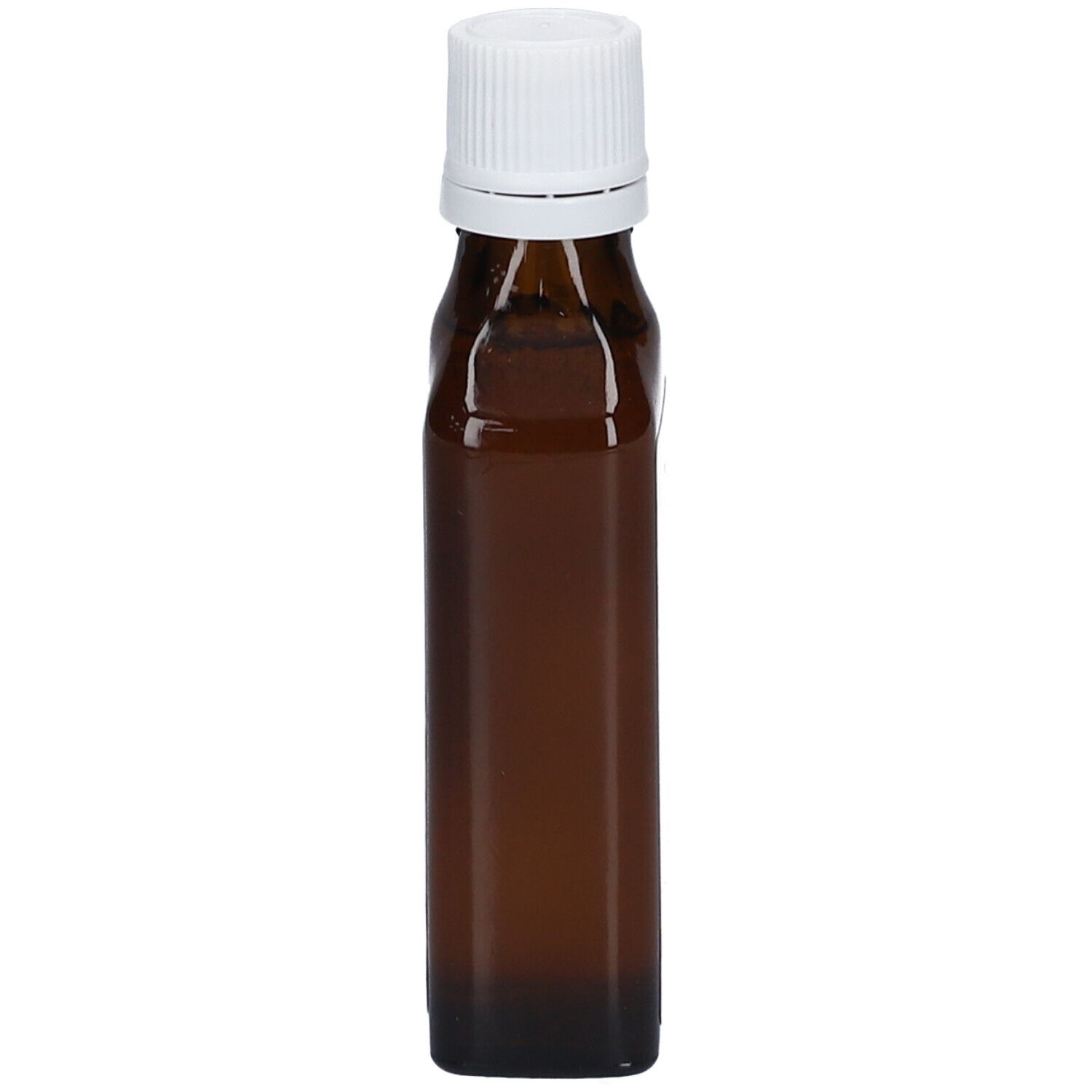 Kleine, bruine glazen fles met witte dop. Rechthoekige vorm.