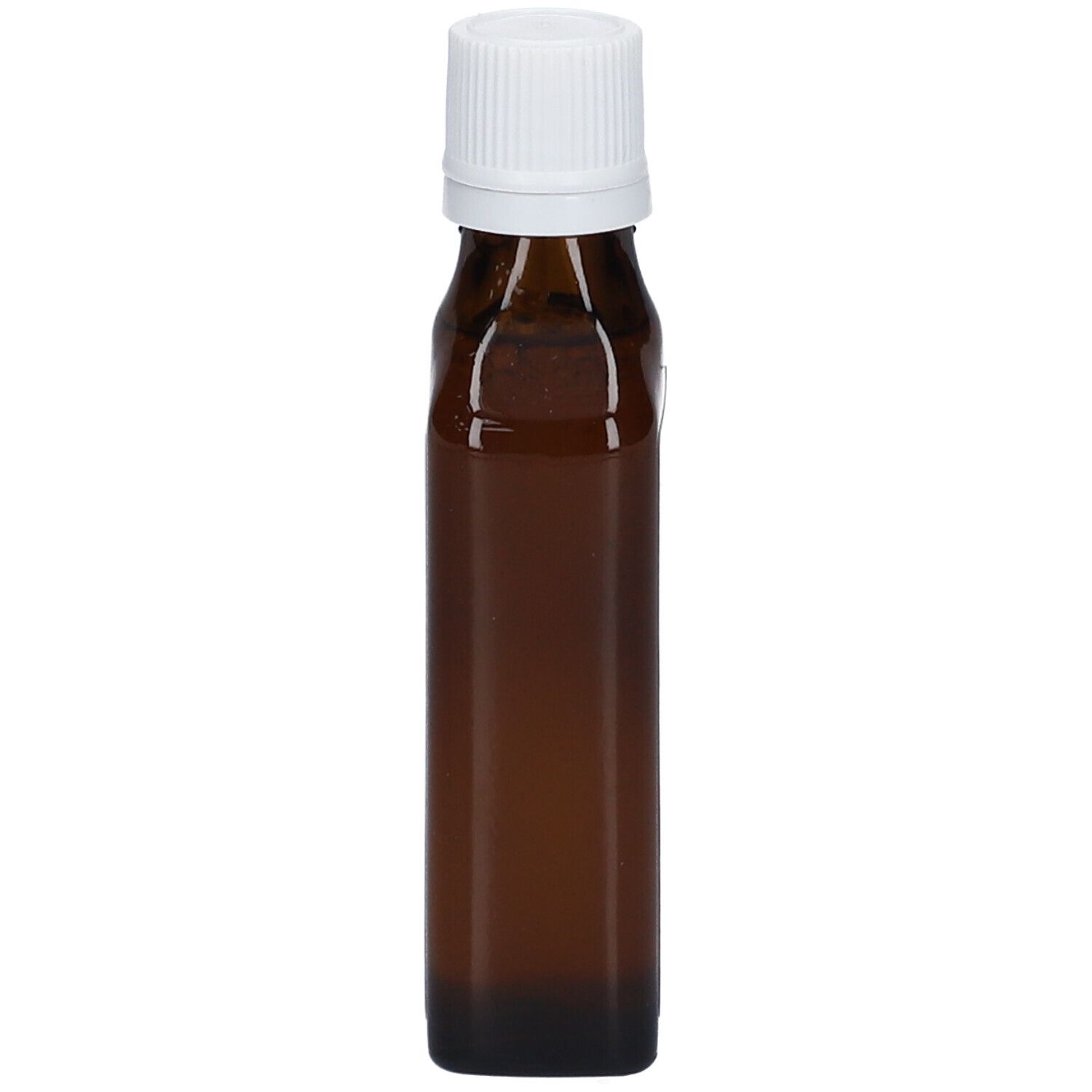 Kleine, bruine glazen fles met witte dop. Rechthoekige vorm.