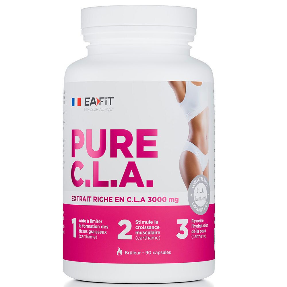 Witte fles met capsules. Opschrift: PURE C.L.A. en EA Fit. Afbeelding van een vrouw. 90 capsules. Bevat CLA.