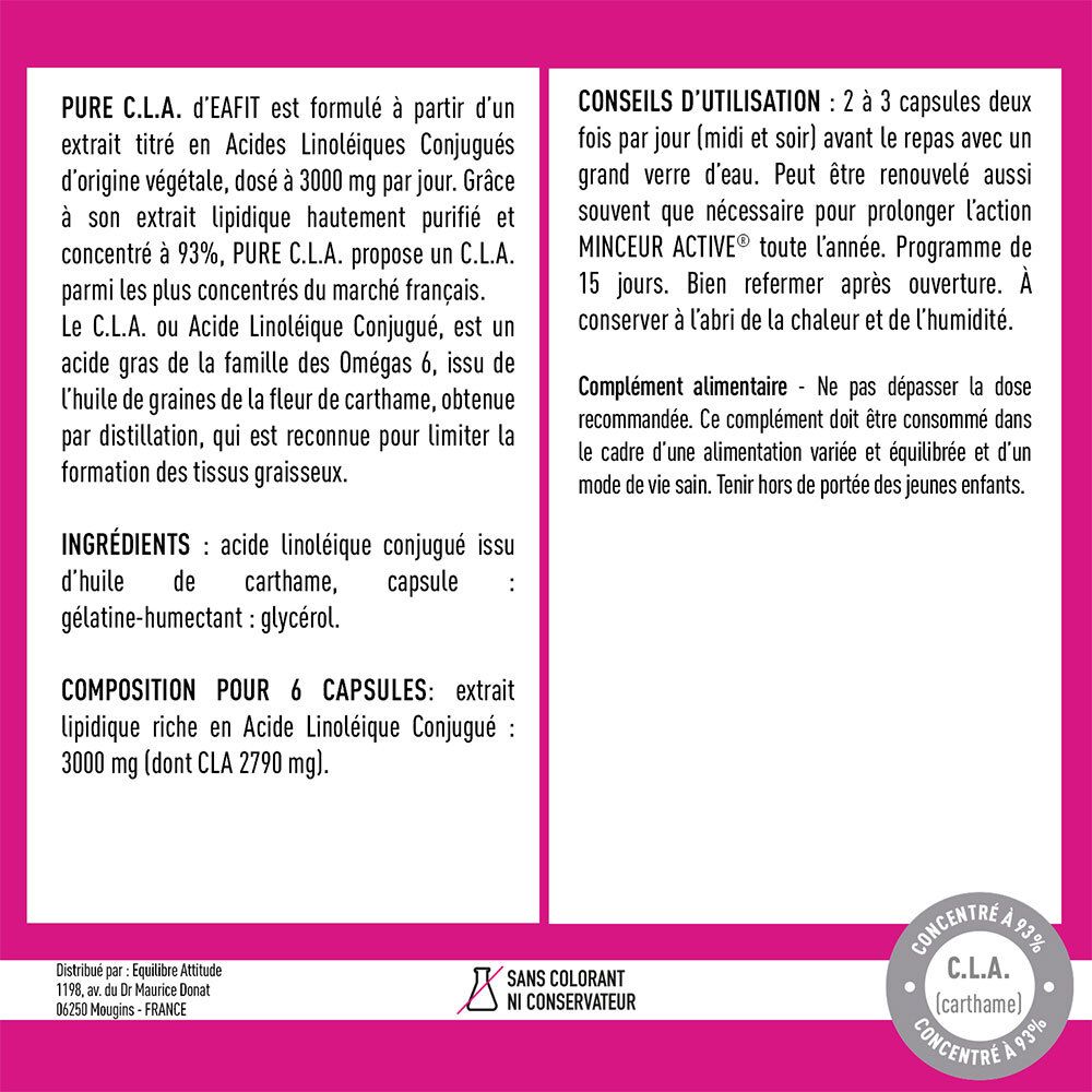 Tekst op roze achtergrond. Informatie over PURE C.L.A. Ingrediënten: geconjugeerd linolzuur. 6 capsules: 3000 mg.