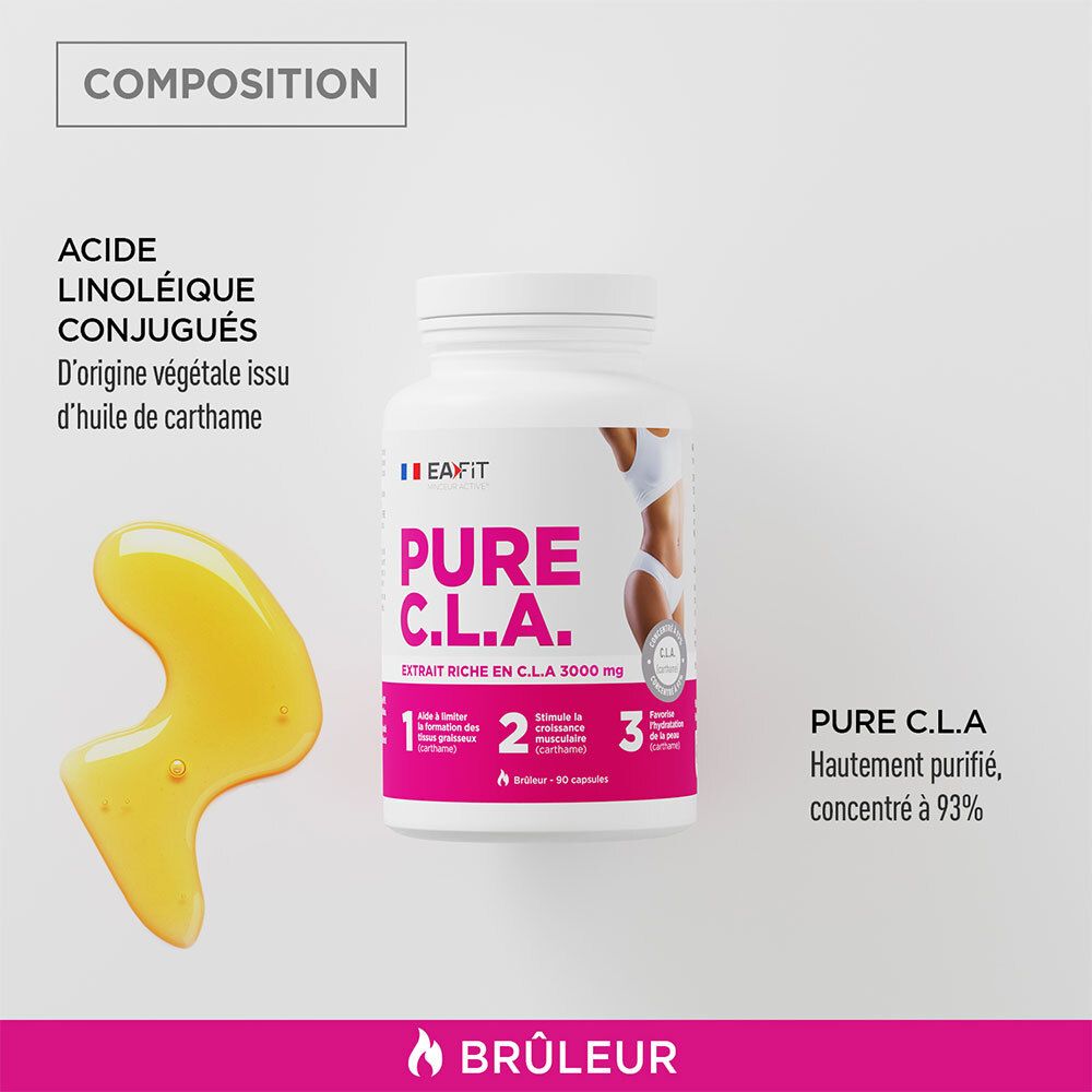 Witte fles met capsules en gele vloeistof. Tekst: PURE C.L.A. en EA Fit. 3000 mg. Concentratie 93%.