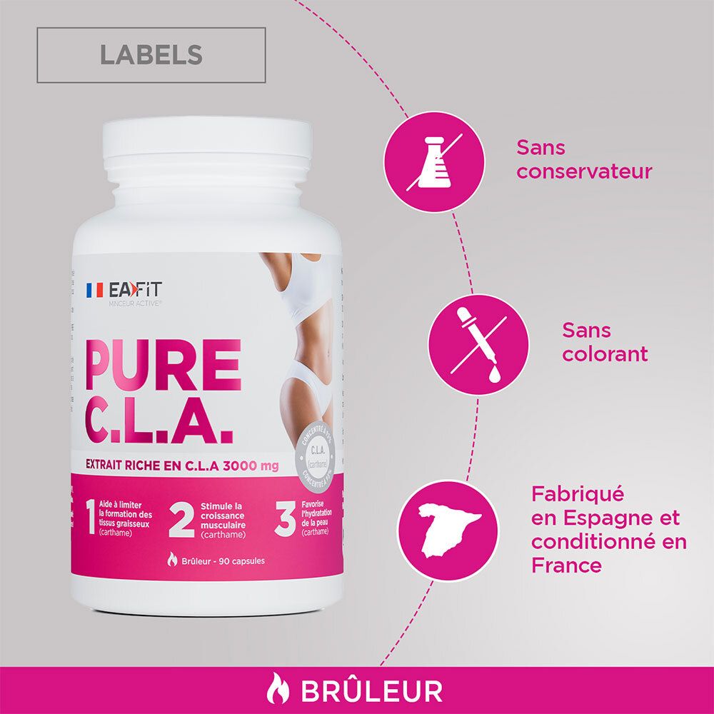 Witte fles met capsules. Tekst: PURE C.L.A. en EA Fit. Zonder conserveringsmiddelen, zonder kleurstoffen. Gemaakt in Spanje.