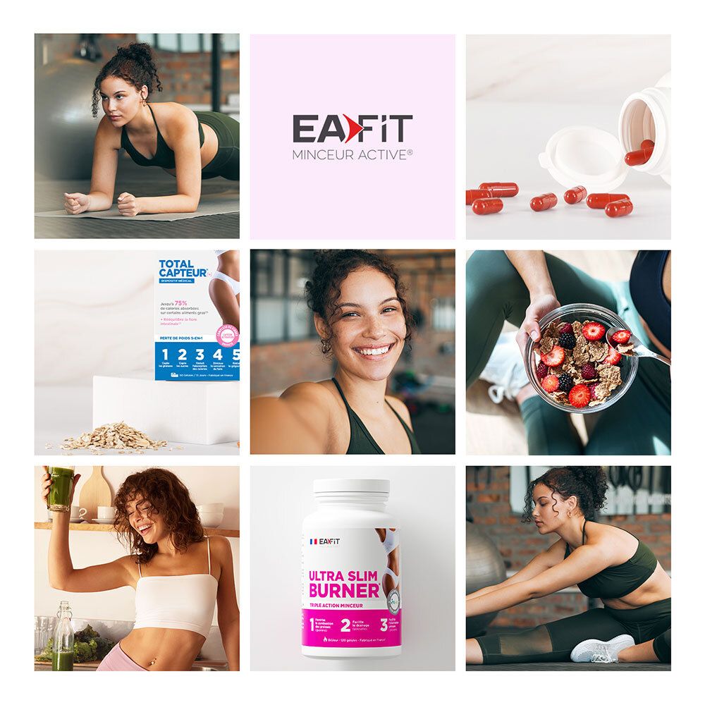 Collage van afbeeldingen. Bevat een fles met capsules. EA Fit logo.