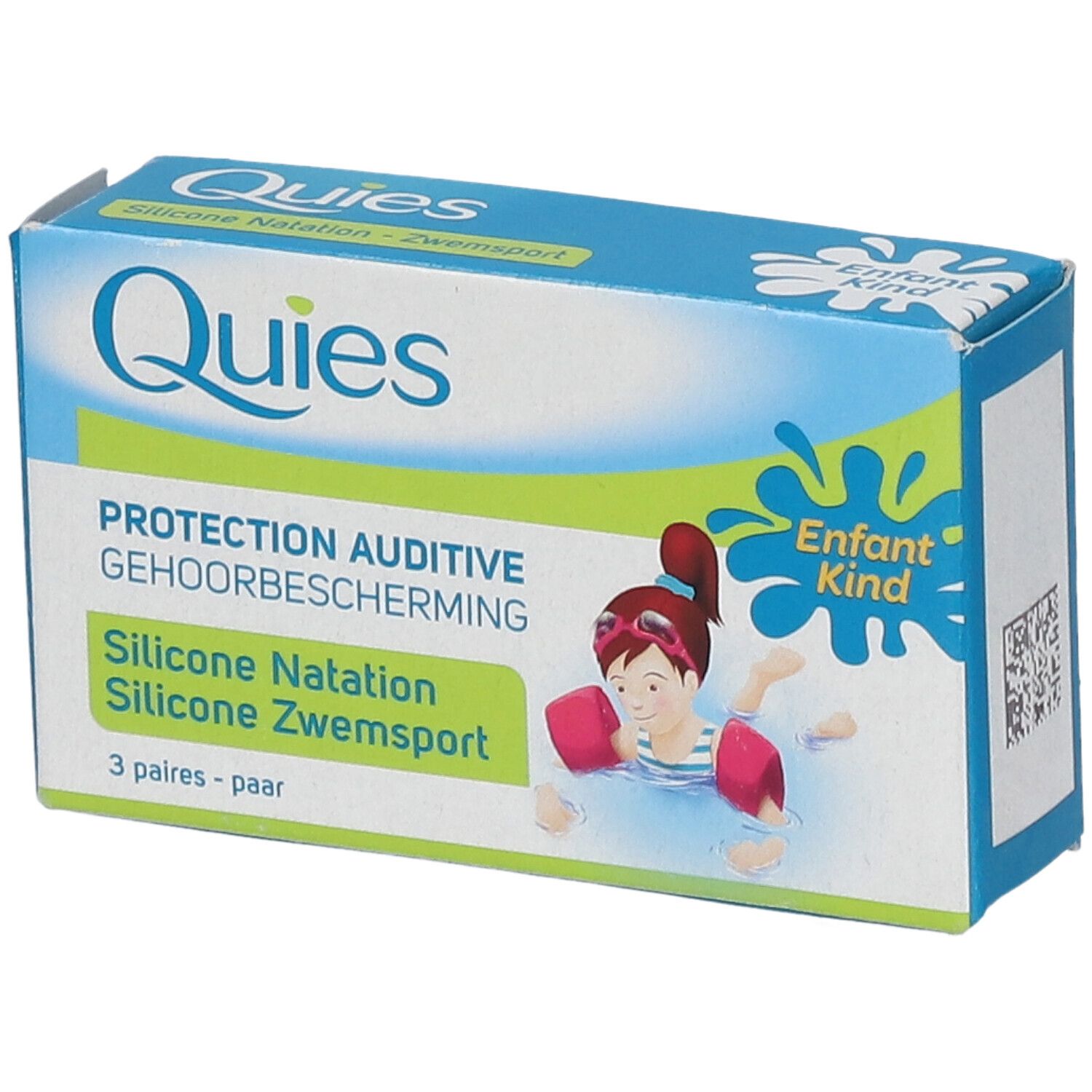 Boîte bleue et blanche Quies. Illustration enfant dans l'eau. Texte: Protection Auditive, Silicone Natation, 3 paires.
