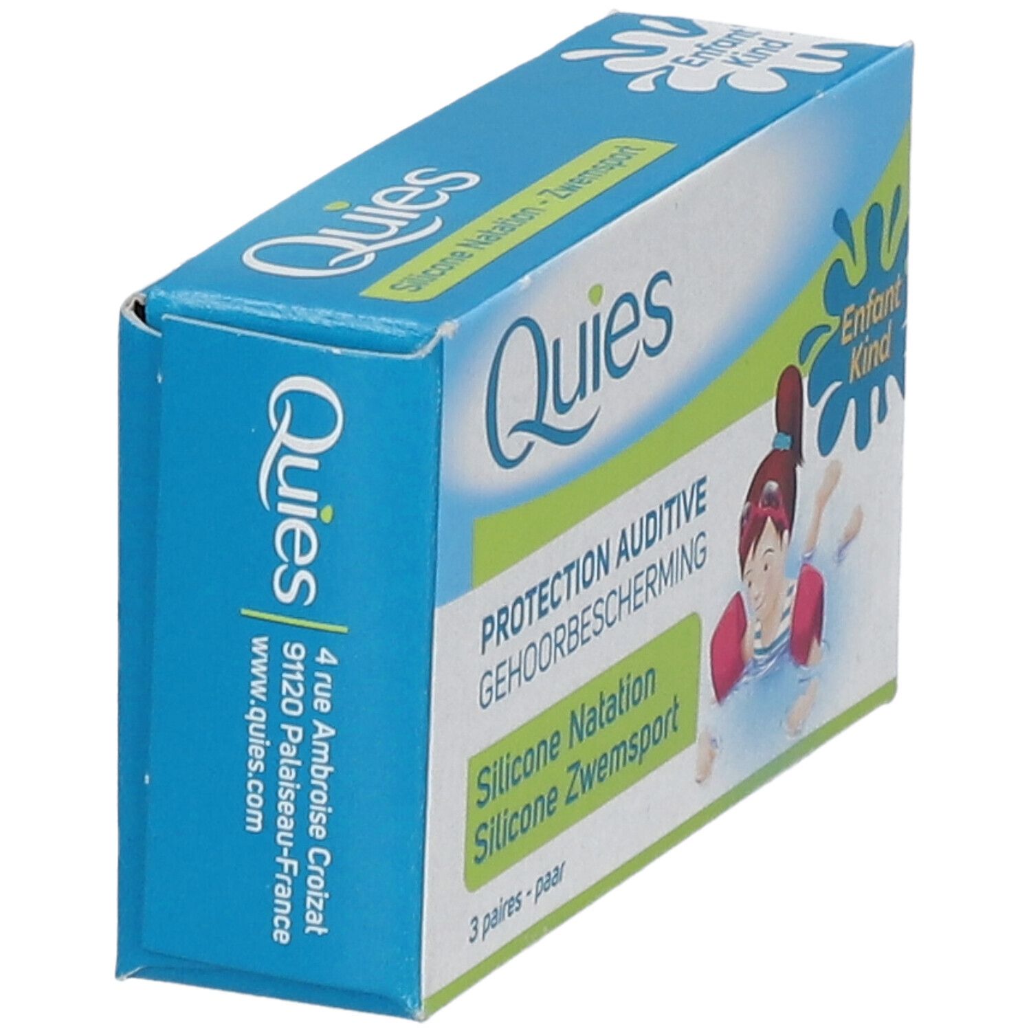 Boîte bleue Quies en biais. Texte: Protection Auditive, Silicone Natation, 3 paires. Adresse et site web.