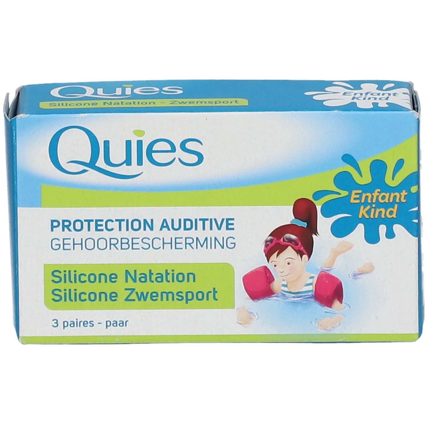 Boîte bleue et blanche Quies. Illustration enfant dans l'eau. Texte: Protection Auditive, Silicone Natation, 3 paires.