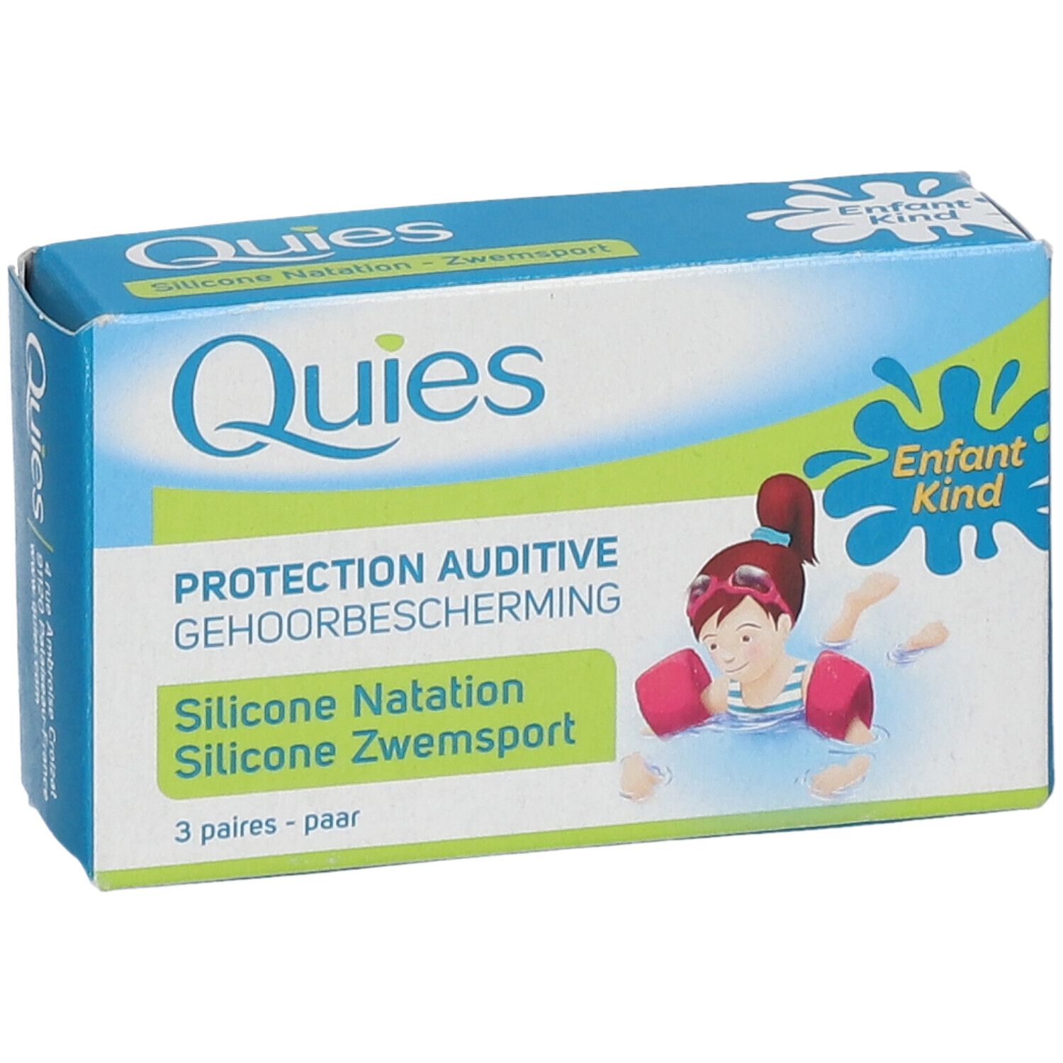 Boîte bleue et blanche Quies. Illustration enfant dans l'eau. Texte: Protection Auditive, Silicone Natation, 3 paires.
