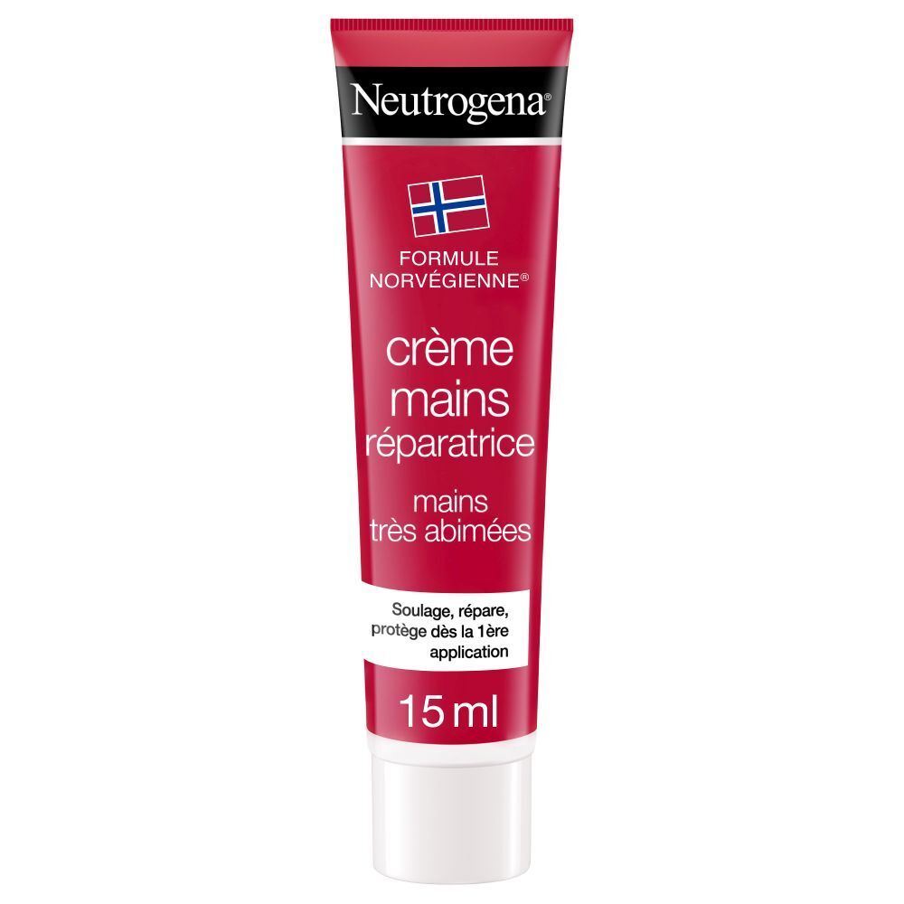 Rode tube handcrème. Merk Neutrogena, tekst: Crème mains réparatrice, 15 ml.