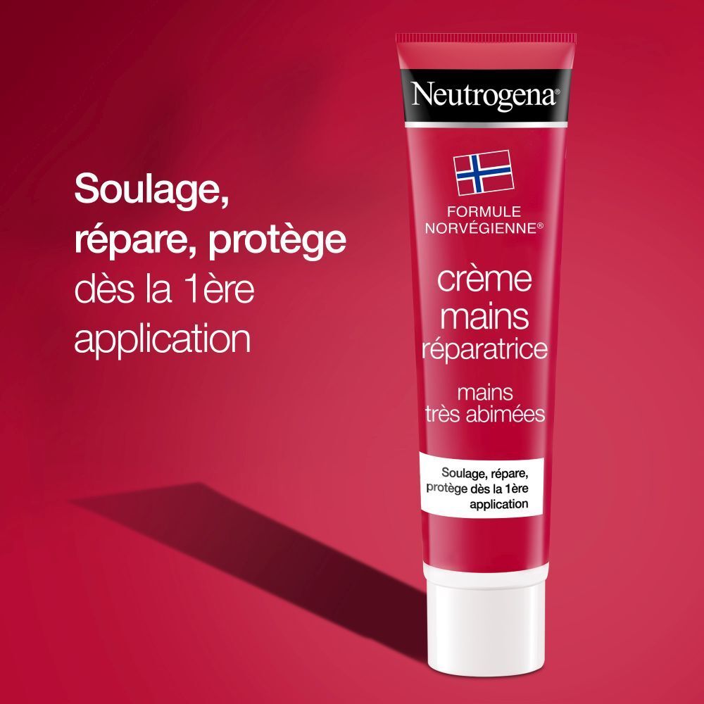 Rode tube handcrème. Merk Neutrogena, tekst: Crème mains réparatrice.