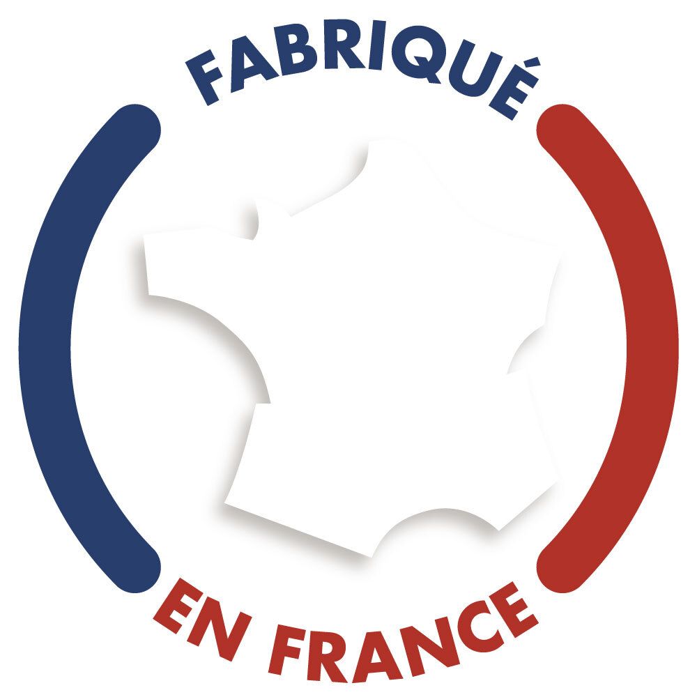 Logo: Fabriqué en France, blauw-wit-rode cirkel met Frankrijk-contour.