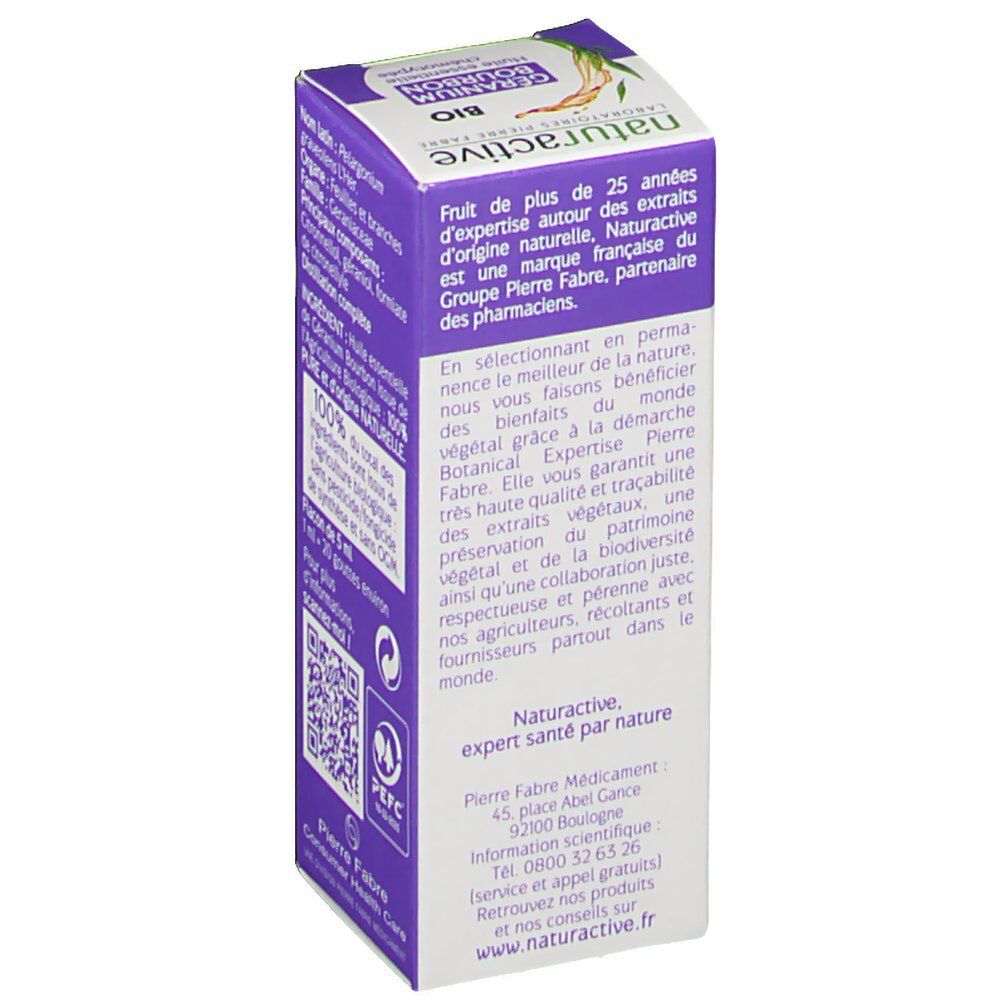 Paarse doos met tekst. Opschrift: Naturactive, BIO, Géranium Bourbon. Tekst over het merk en de ingrediënten.