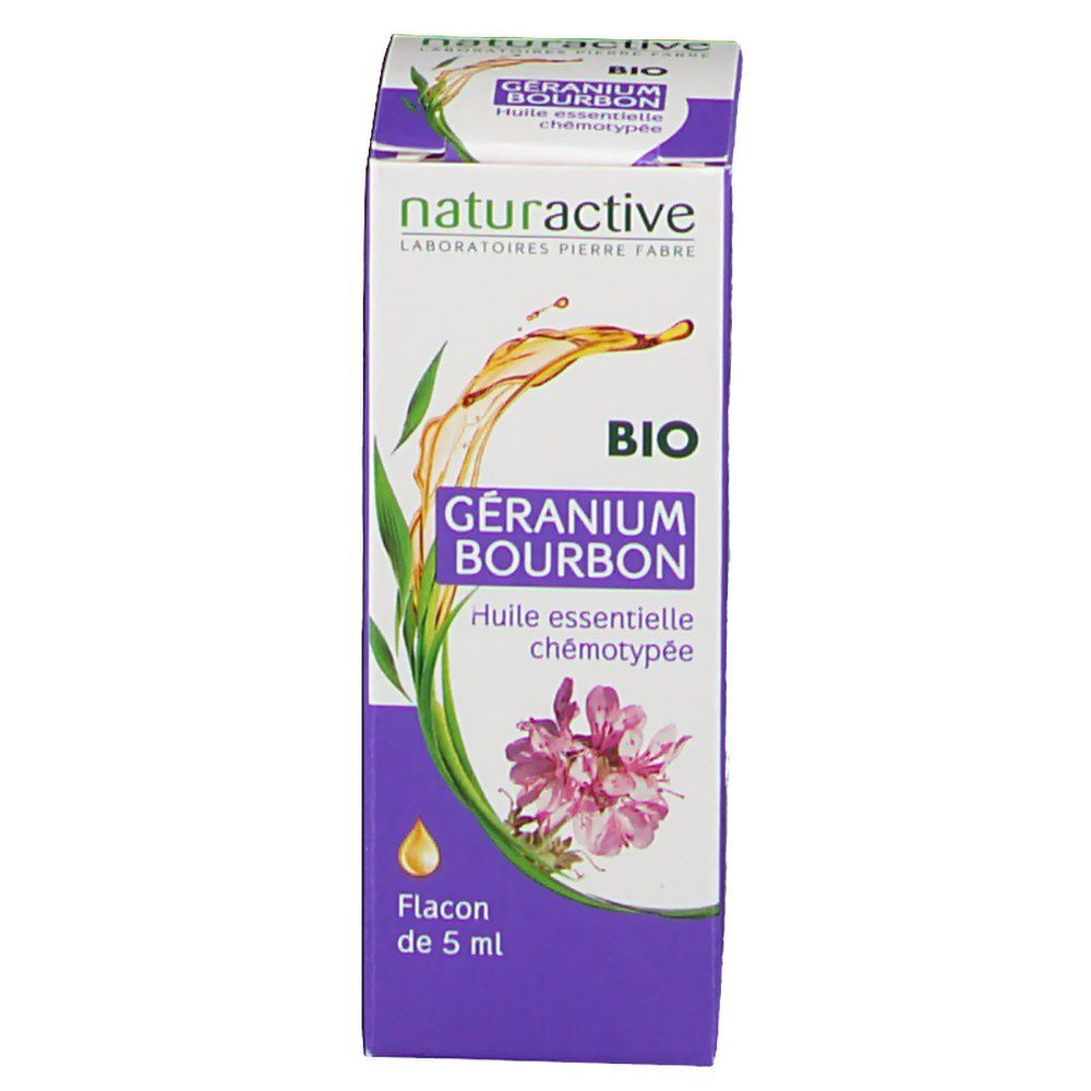 Doos met productopdruk. Opschrift: Naturactive, BIO, Géranium Bourbon, Huile essentielle chémotypée, Flacon de 5 ml.
