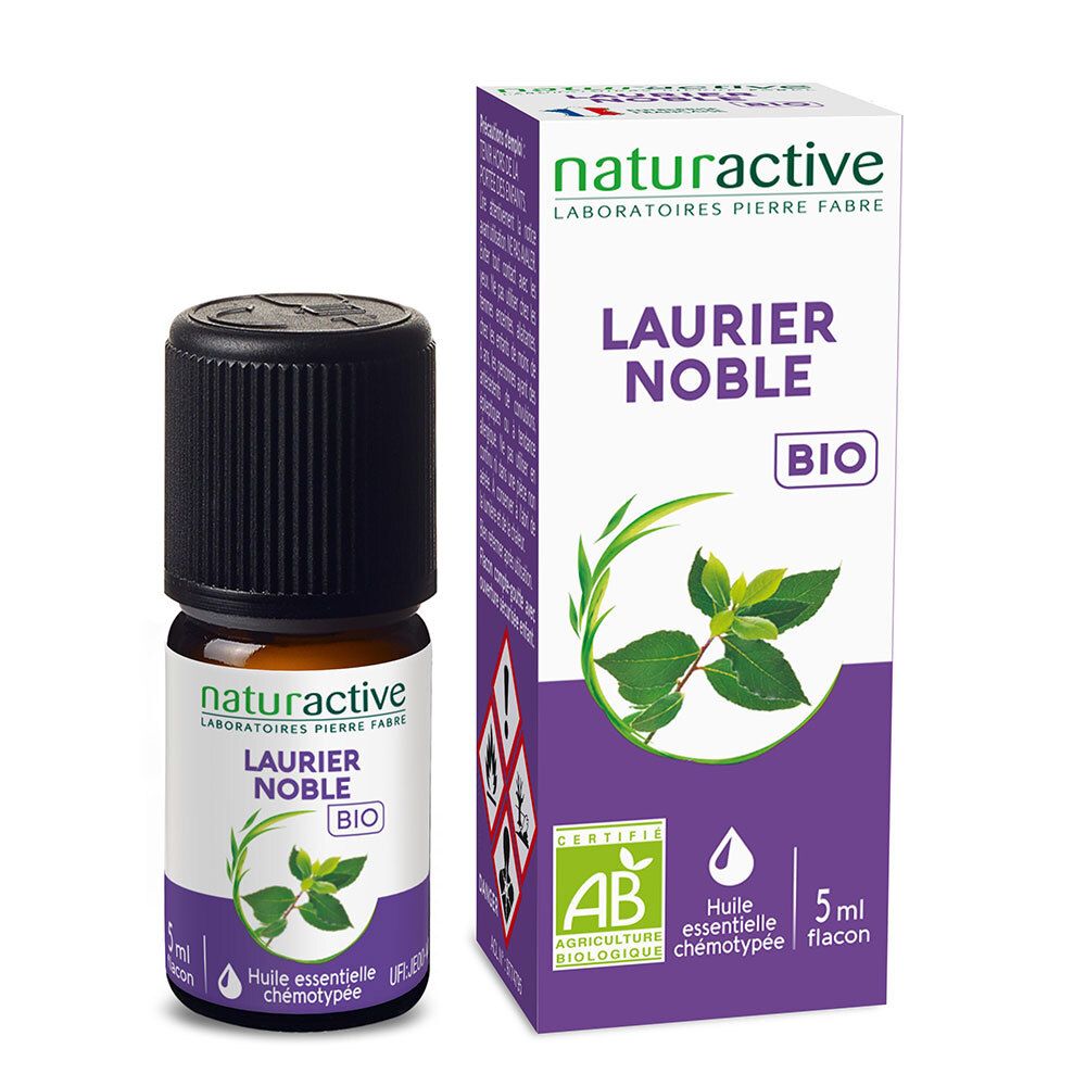 Flacon en verre brun et bouchon noir, avec boîte. Inscription: Laurier Noble Bio, Huile essentielle chémotypée. 5 ml.