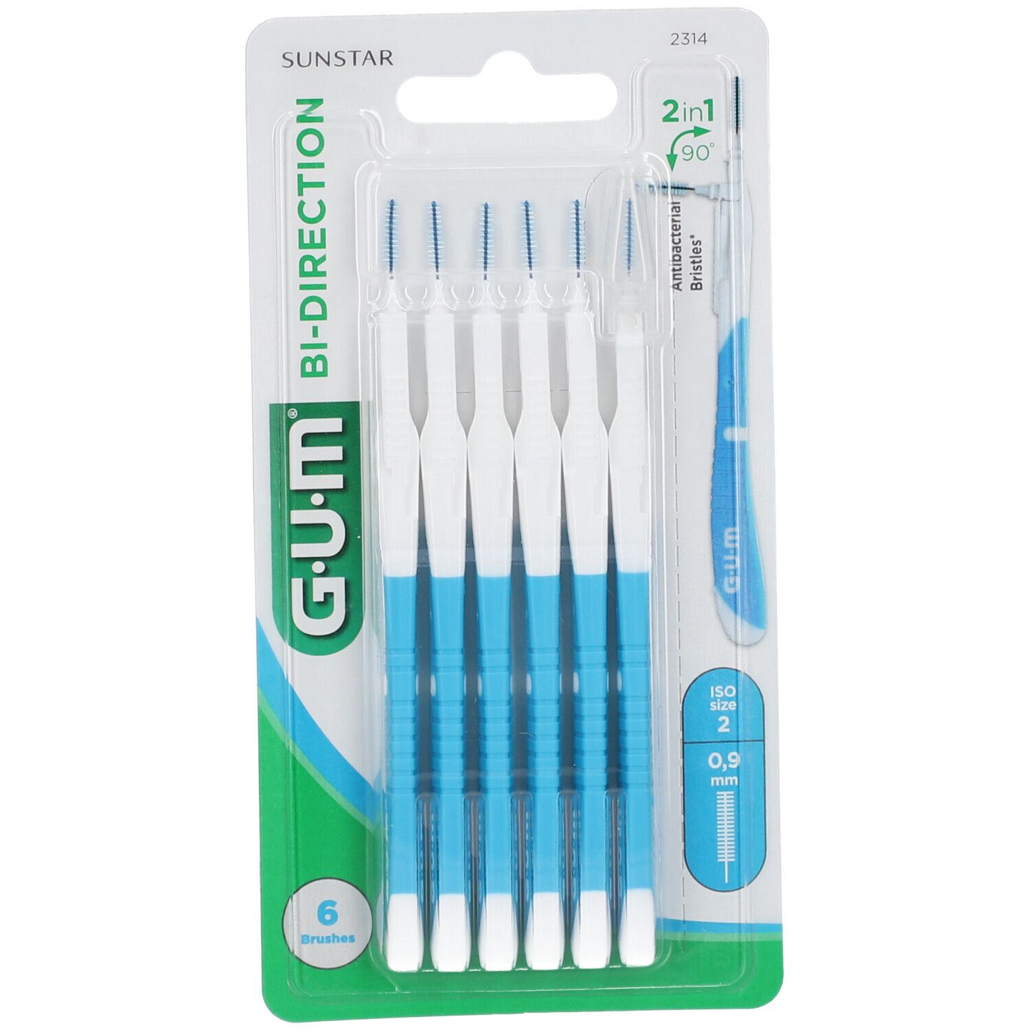Verpakking met 6 tandenstokers. Blauwe en witte borstelharen, witte handgreep. Productnaam en merk zichtbaar.