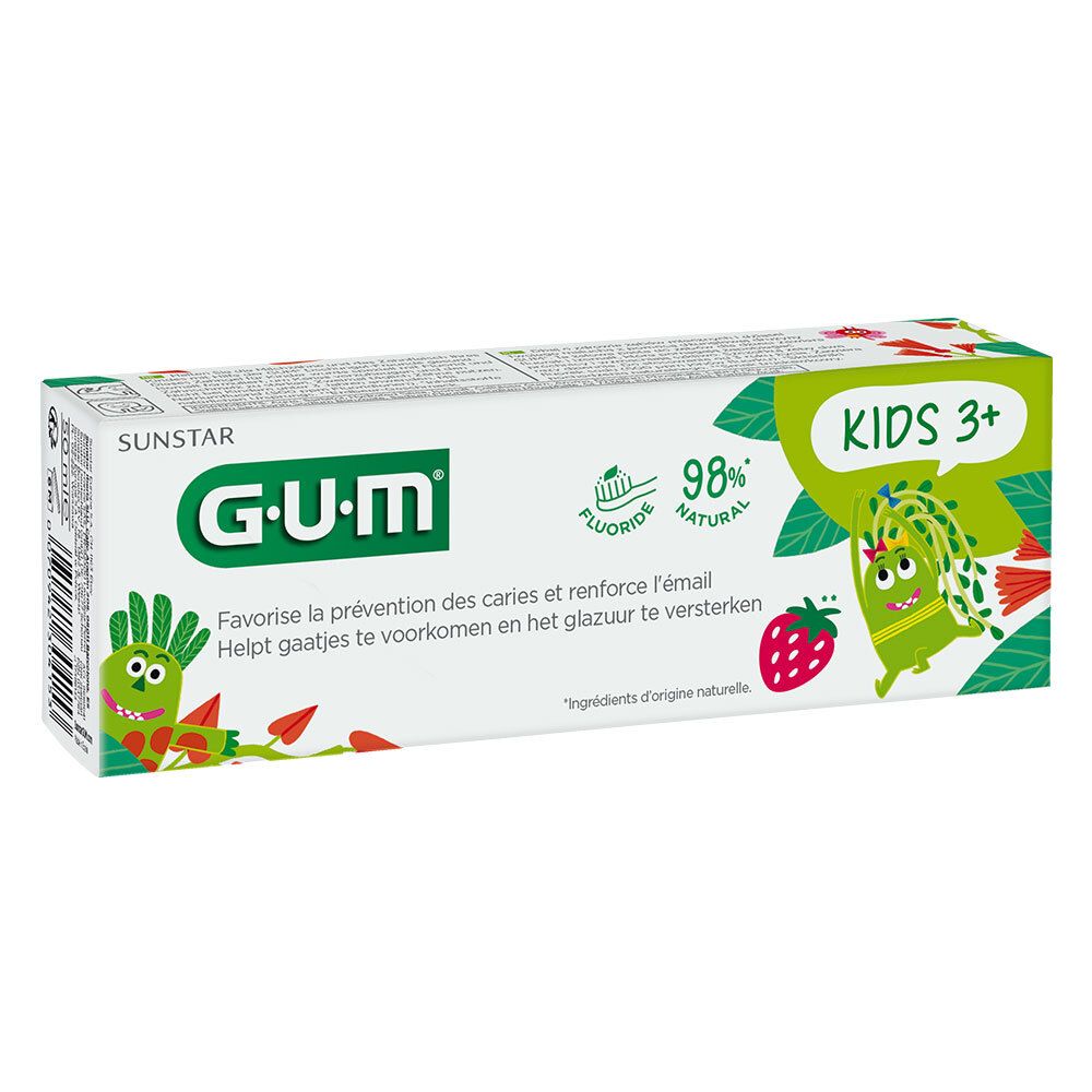 GUM tandpasta voor kinderen, aardbeiensmaak. Bevat fluoride. Voor kinderen vanaf 3 jaar. Verpakking met illustraties.