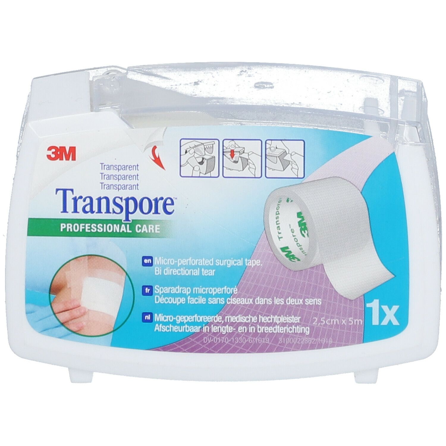 Transpore, Sparadrap Plastique Microperforé, Hypoallergénique, 5 M X 25 Mm, Dévidoir (ref.