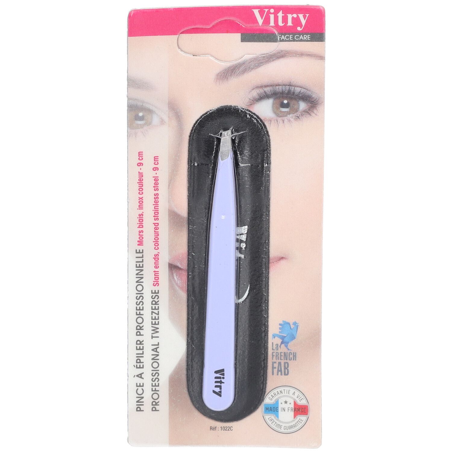 Pince à épiler professionnelle Vitry, mors biais, inox coloré, 9 cm, avec étui. Sur emballage.
