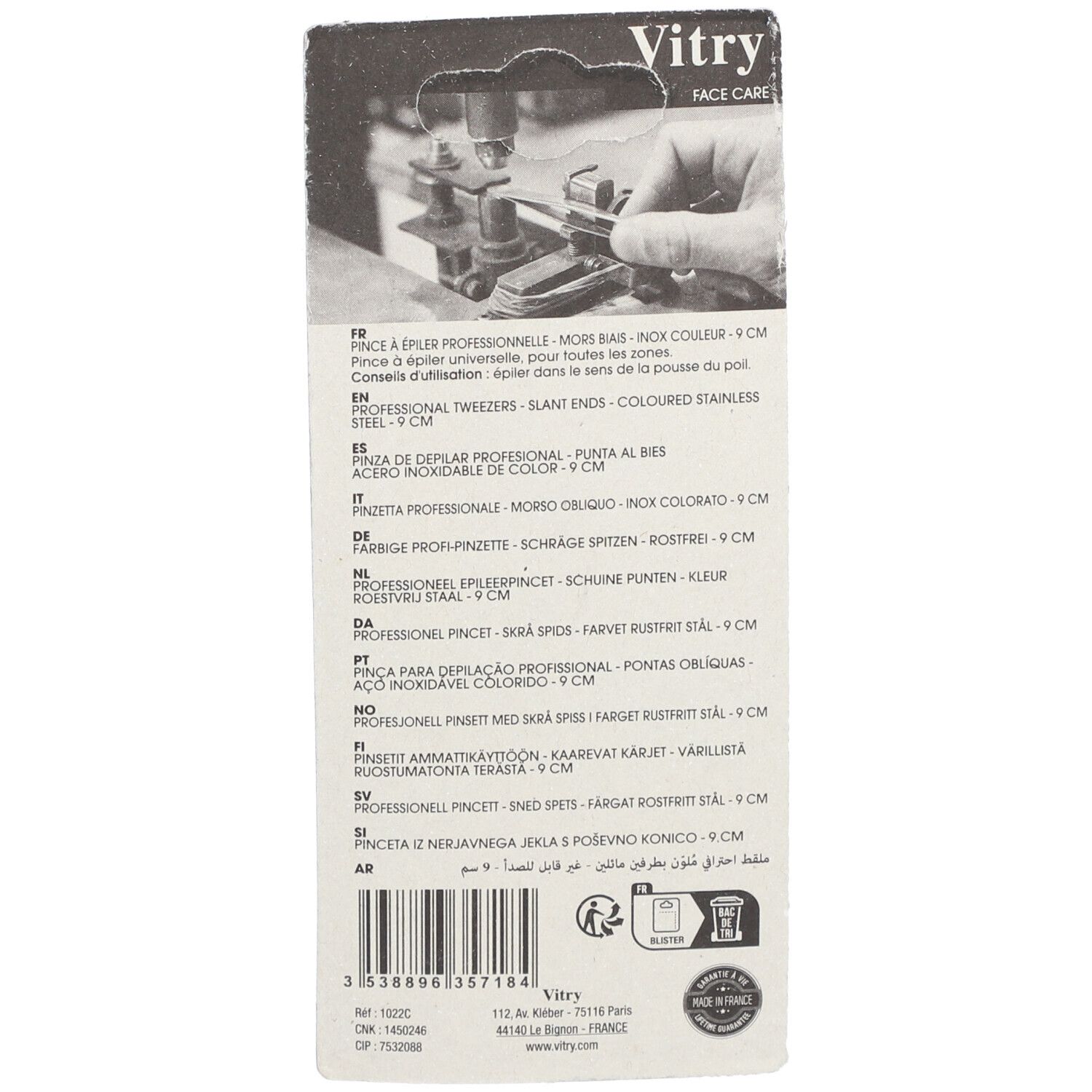 Dos de l'emballage. Texte multilingue. Marque Vitry. Informations produit.