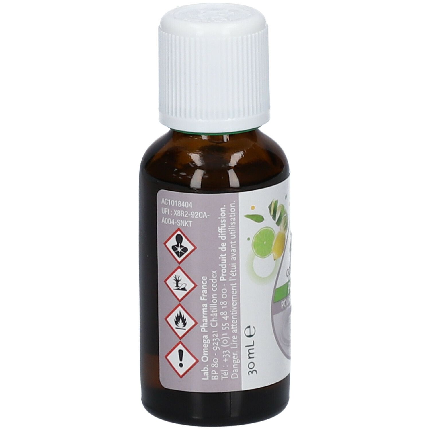 Flacon en verre brun avec bouchon blanc. Étiquette avec symboles d'avertissement, informations sur le produit et texte. 30 ml.